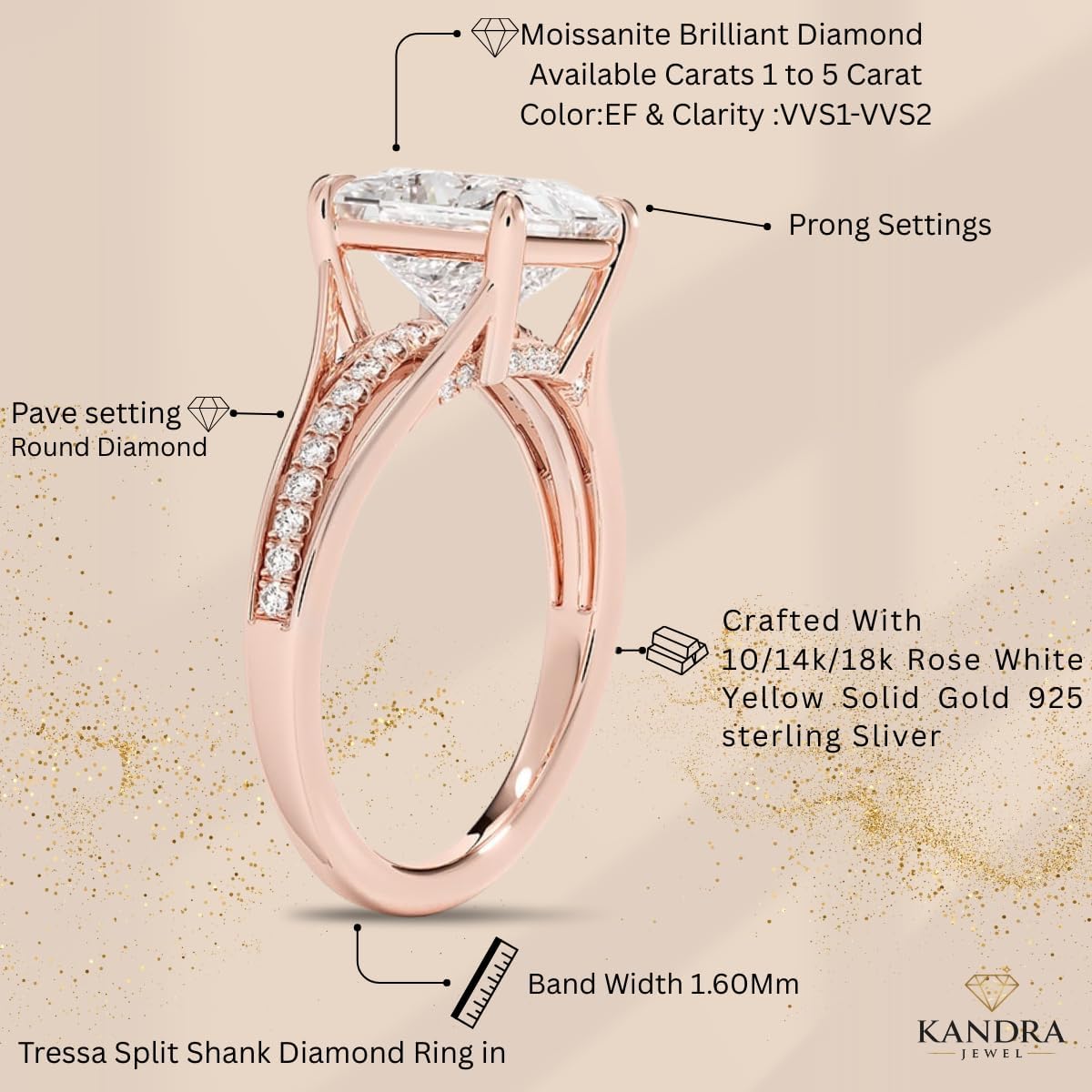 3 CT Moissanite Engagement Ring 10K 14K 18K Solid Gold, 925 Sterling Silver Willow Solitaire Bridal Ring Set Promise Ring for Wedding Christmas gift for Women