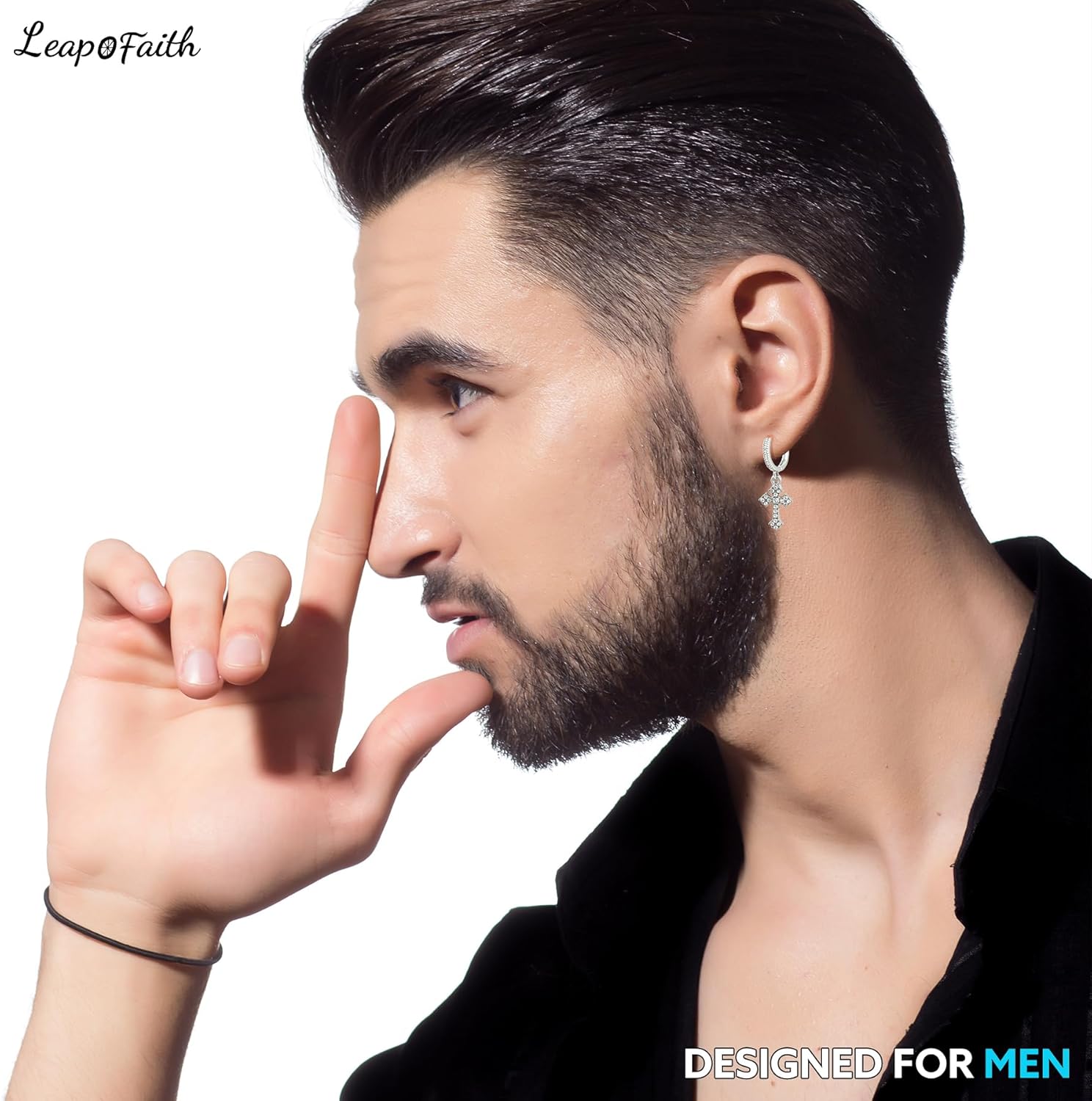 Rhinestone Cross Earrings Men Stainless Steel Small Hoop Earring Dangle Adult Fashion Huggie Piercing Jewelry Earrings for Party Birthday, Silver - Image 2