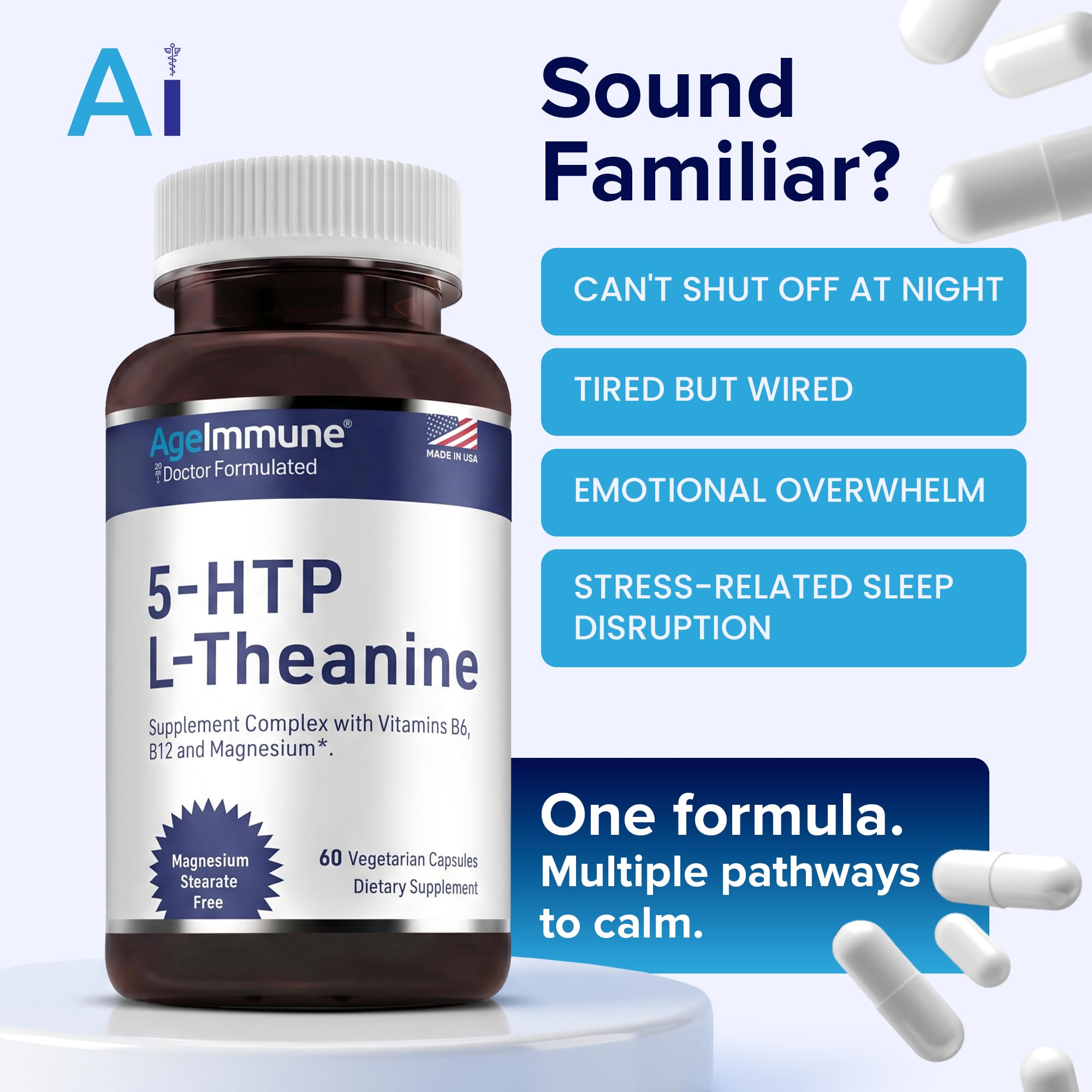 5-HTP 100mg with L-Theanine 400 mg Formula for Stress Relief and Relaxation Support for Teens and Adults with Vitamins B6 - B12 and Magnesium Bisglycinate - Doctor Formulated – without stearates. — Amazon image 4