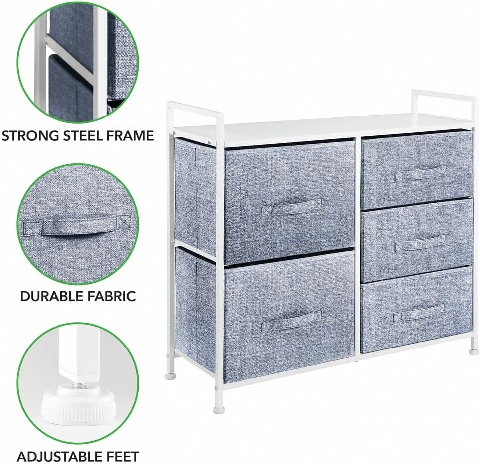 mDesign Storage Dresser Furniture Unit - Tall Baby and Kid Organizer Stand for Bedroom, Nursery, Playroom, and Closet - 5 Drawer Removable Fabric Bins - Navy Blue/White : Home & Kitchen