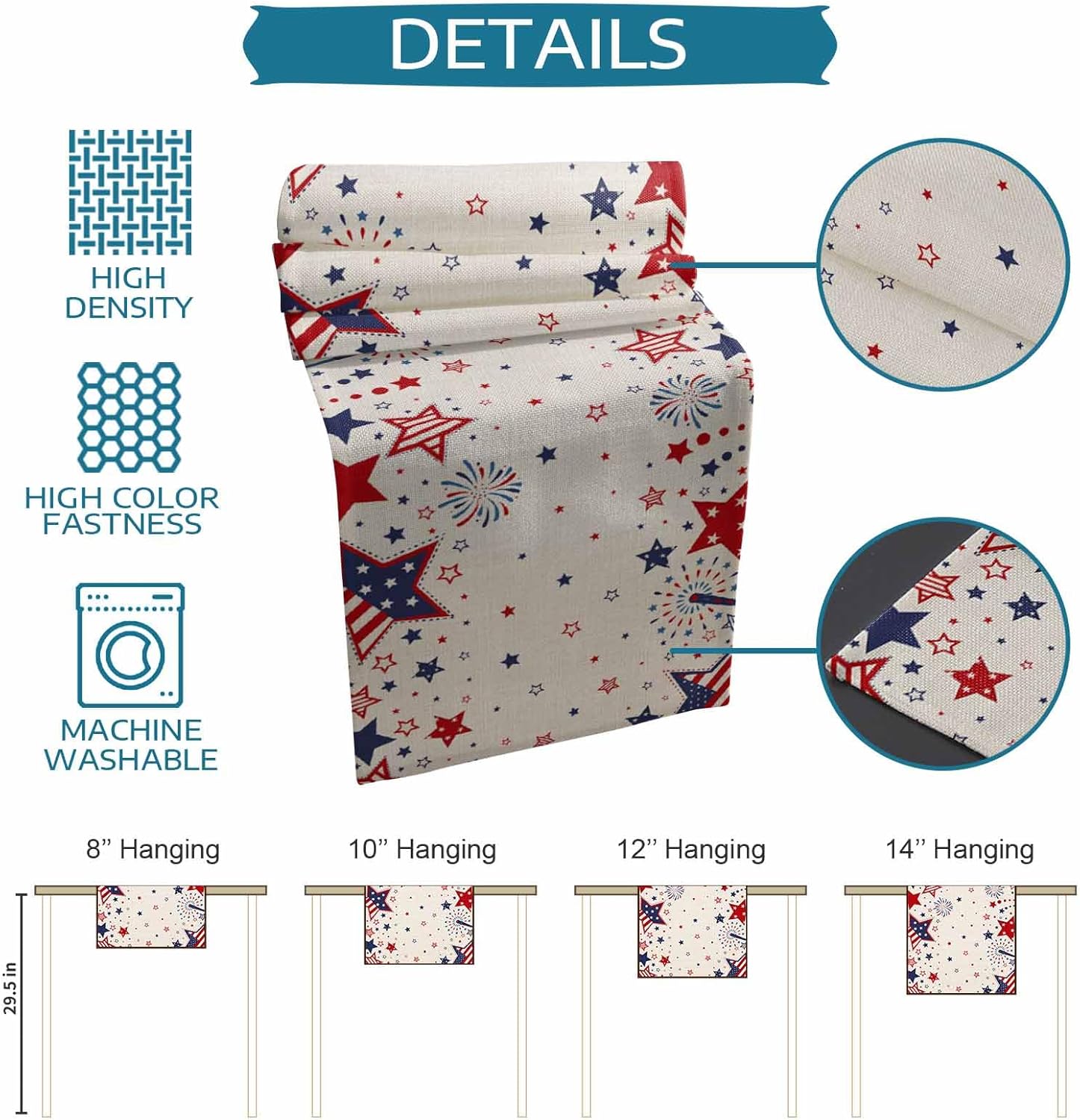 Cotton Linen Red White and Blue Stars Table Runner 72 inches Long, 4th of July Red Blue Stars Firework USA Flag Retro Table Cloth Dresser Scarves,Patriotic Table Runners for Dining Table
