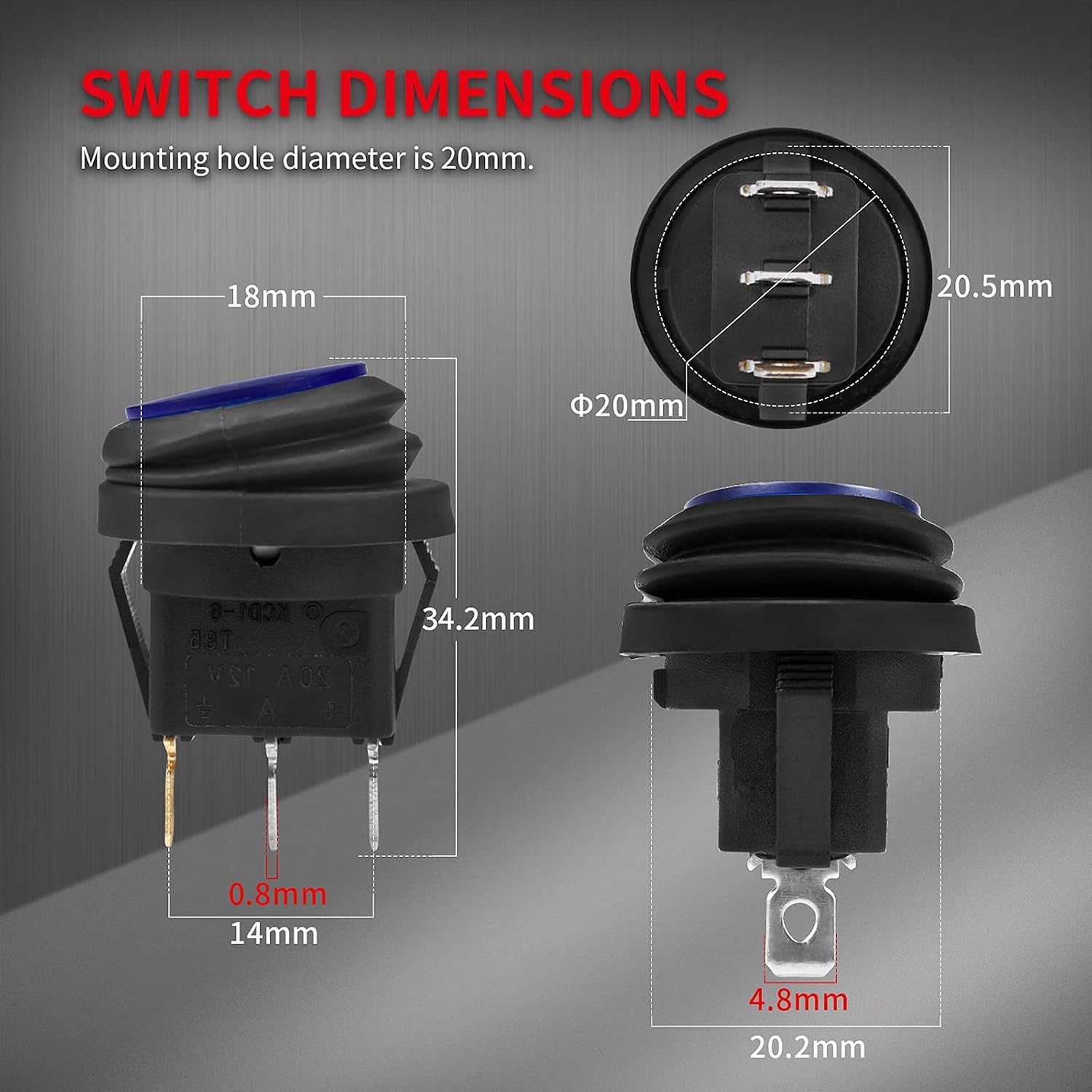 DaierTek 12V Waterproof Round Rocker Switch Blue LED Lighted ON Off 3 Pin 12 Volt 20A Weatherproof Illuminated Toggle for Marine Car RV Truck -5Pack