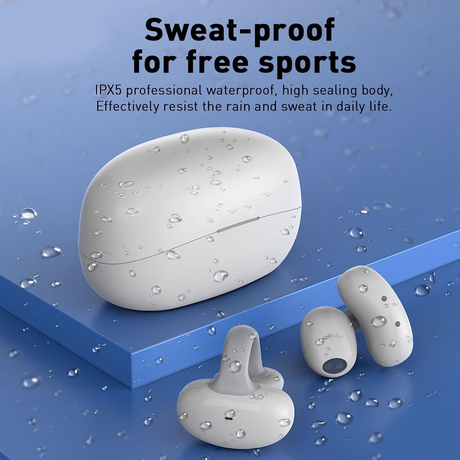 AMONIDA earbuds and charging case with water droplets, illustrating IPX5 water resistance