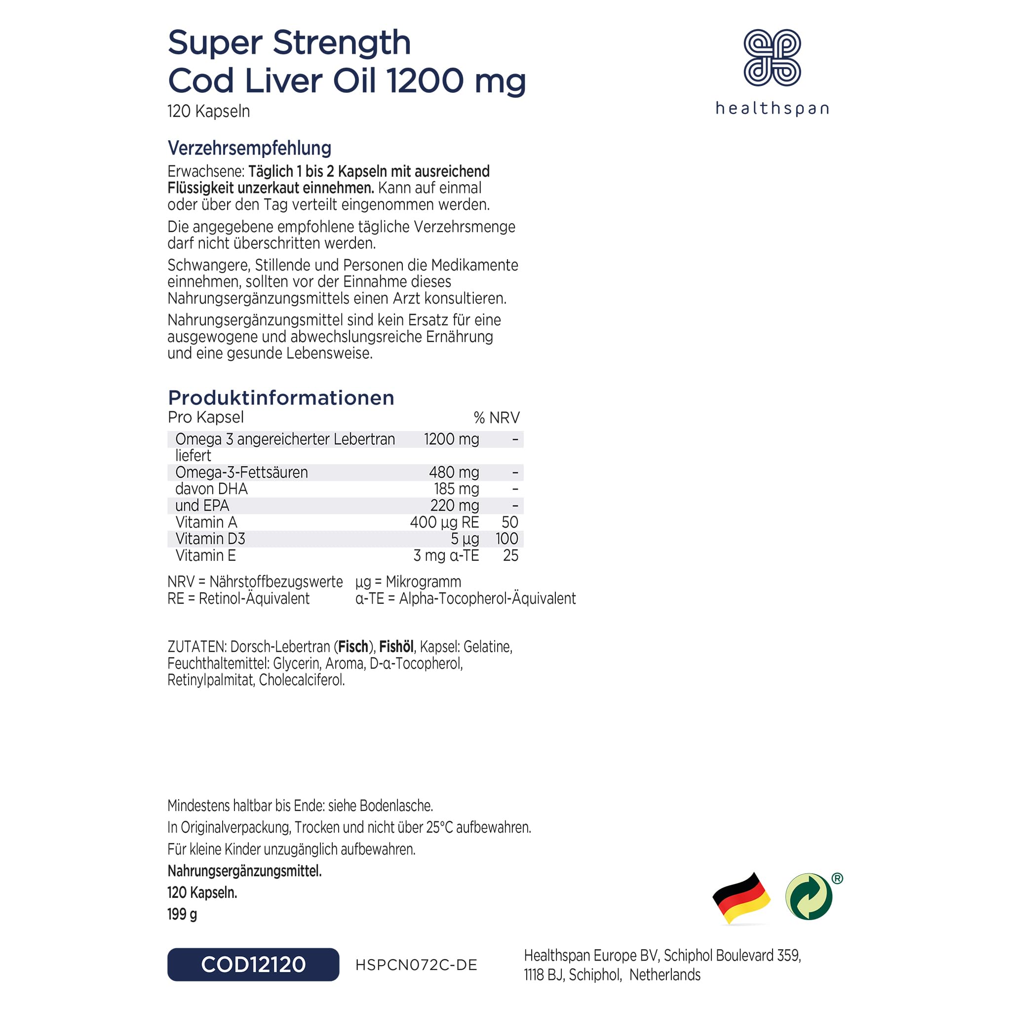 Healthspan Super Strength Lebertran 1.200mg | Unterstützt Herz-, Gehirn- und Augengesundheit | Zusatz von Vitamin A, D3 und Kalzium | Reich an Omega-3-Fettsäuren DHA & EPA | Nachhaltig | 120 Kapseln