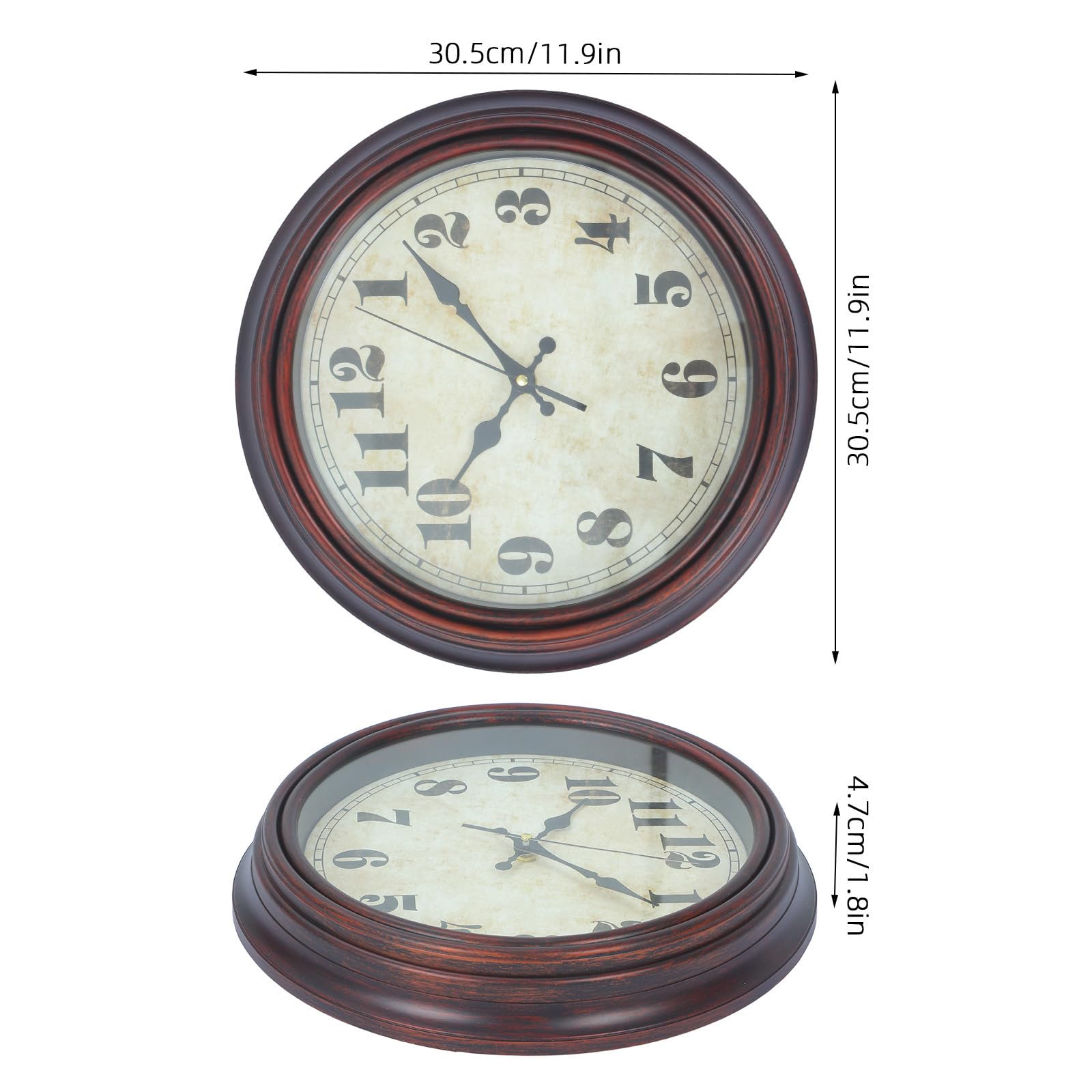 Reloj de Pared Vintage, Reloj de Pared de Cuarzo, 12 Pulgadas, Redondo, Silencioso sin Ruido, Números Clásicos de Alta Visibilidad, de Plástico y Electrónica, para Salón