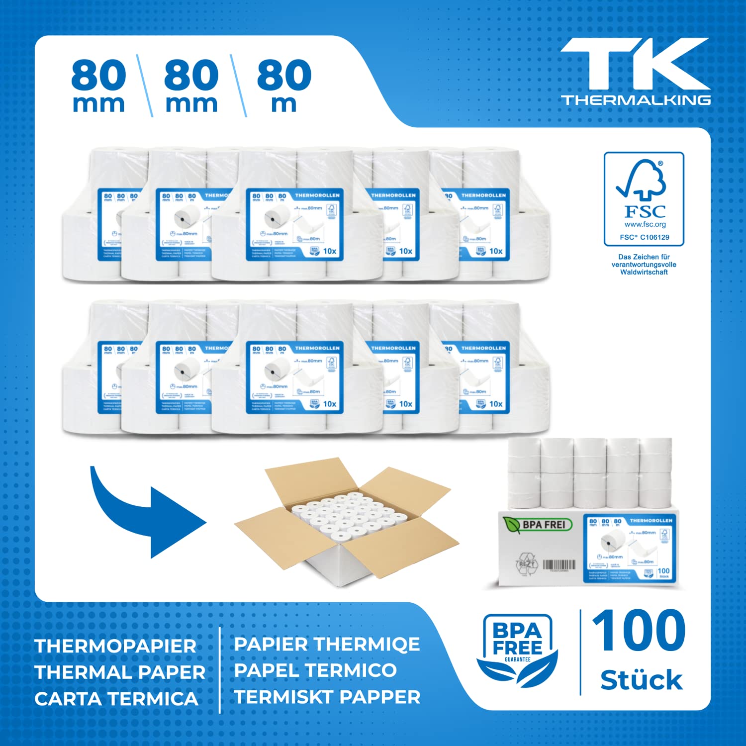 Rouleaux thermiques 80 mm x 80 m x 12 mm – Rouleaux de caisse – Rouleaux de caisse – Pour caisse enregistreuse – Imprimantes de bonbon – Papier thermique – Sans BPA (100 rouleaux)