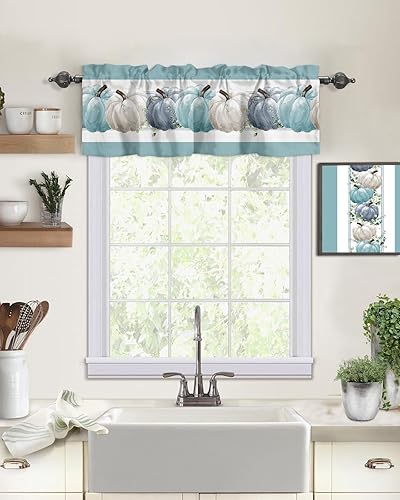 Miniatura 2 de Cenefa de otoño para ventanas, cortinas de calabaza azul, cenefas de cosecha de Acción de Gracias, cenefa con bolsillo para barra, cortinas cortas