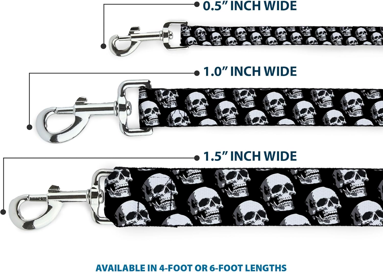 Buckle-Down Pet Leash - 3-D Skulls Repeat Black/Grays/White - 6 Feet Long - 1" Wide