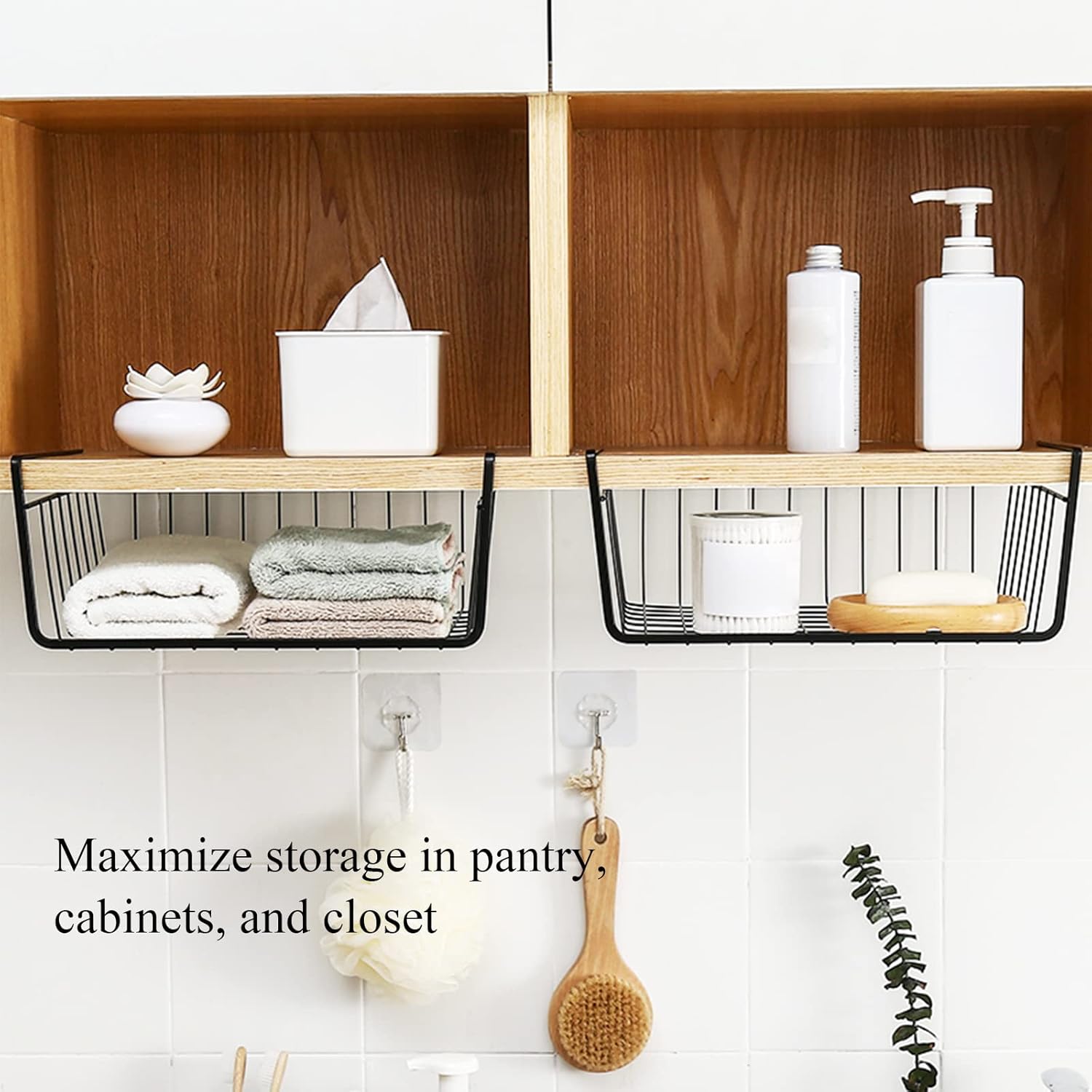 Tebery 4 Pack Black Under Shelf Wire Basket, Hanging Storage Baskets Under Cabinet Add-on Storage Racks, Slide-in Baskets Organizer for Kitchen Pantry Desk Bookshelf