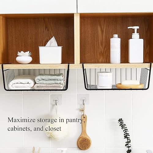 Vista 10 de Tebery Paquete de 2 cestas de alambre negras para debajo del estante, cestas de almacenamiento colgantes debajo del gabinete, estantes