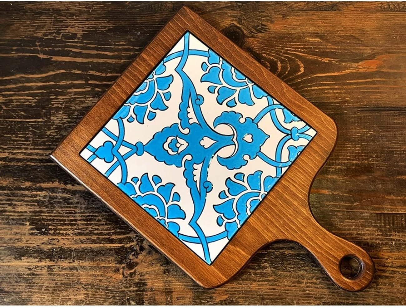 Charcuterie Platter with Tile, Cheese Serving Tray for Wine, Personalized Chopping & Cutting Board, Wedding Anniversary Couple Wooden Gift (Pattern: C)