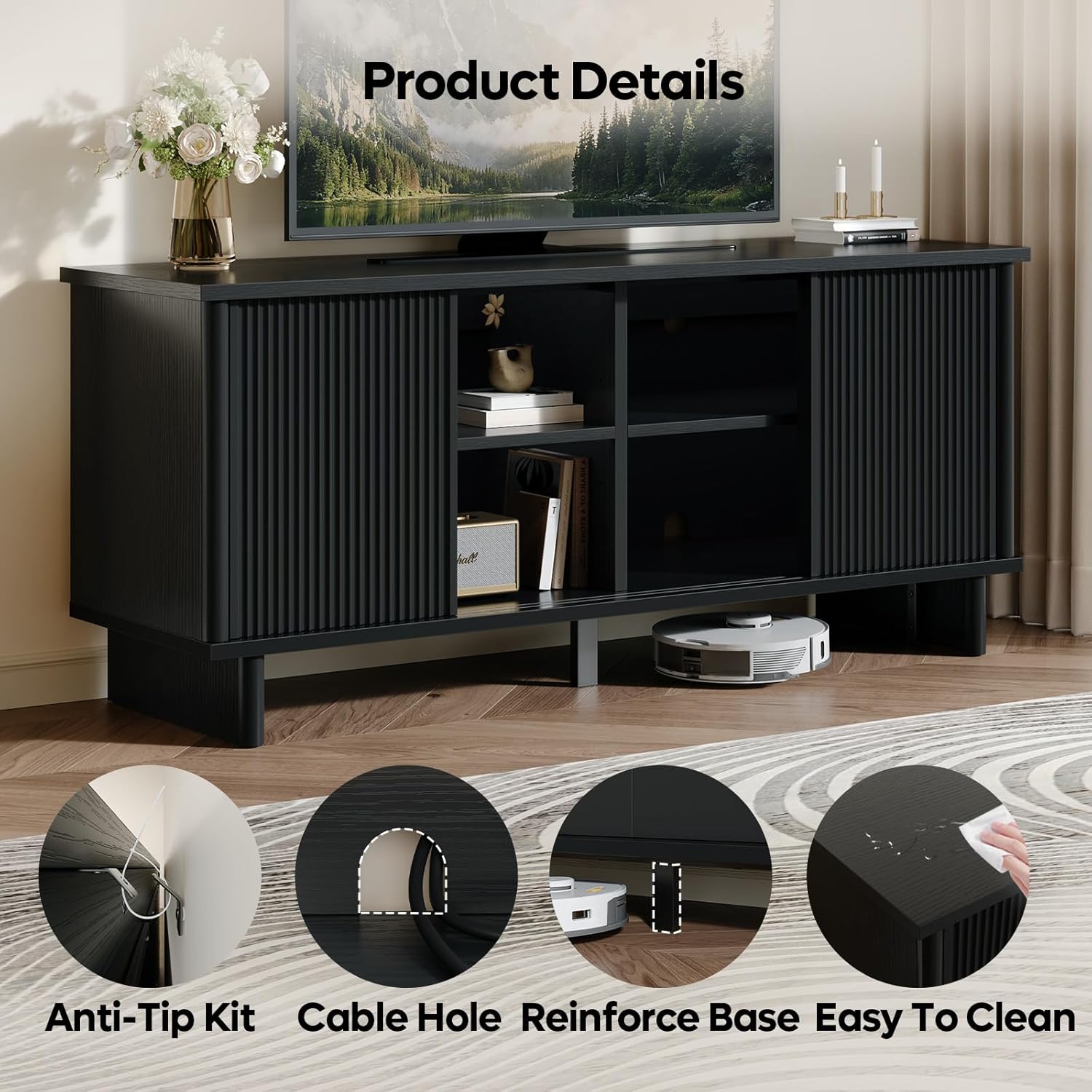 Bestier Mid Century Modern Tv Stand for 55/60/65 Inch TV, Solid Wood Legs Entertainment Center with Vertical Striped Sliding Door& Cable Management, Media Console Cabinet for Living Room(Black)