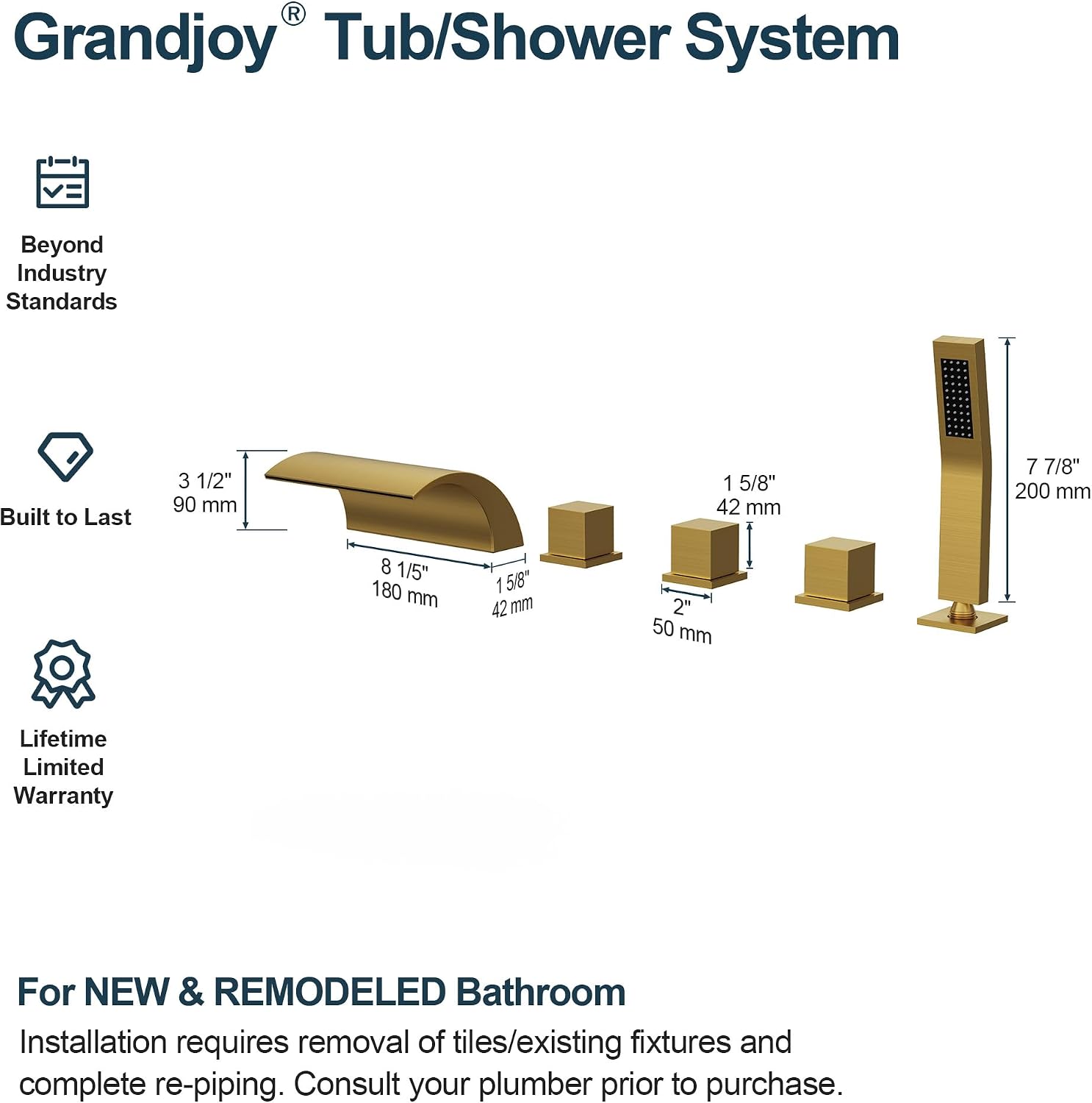Brushed Gold Waterfall Roman Tub Faucet with Handheld Shower, 3-Handle Deck Mount Bathtub Filler, High Flow Swivel Spout, Solid Brass