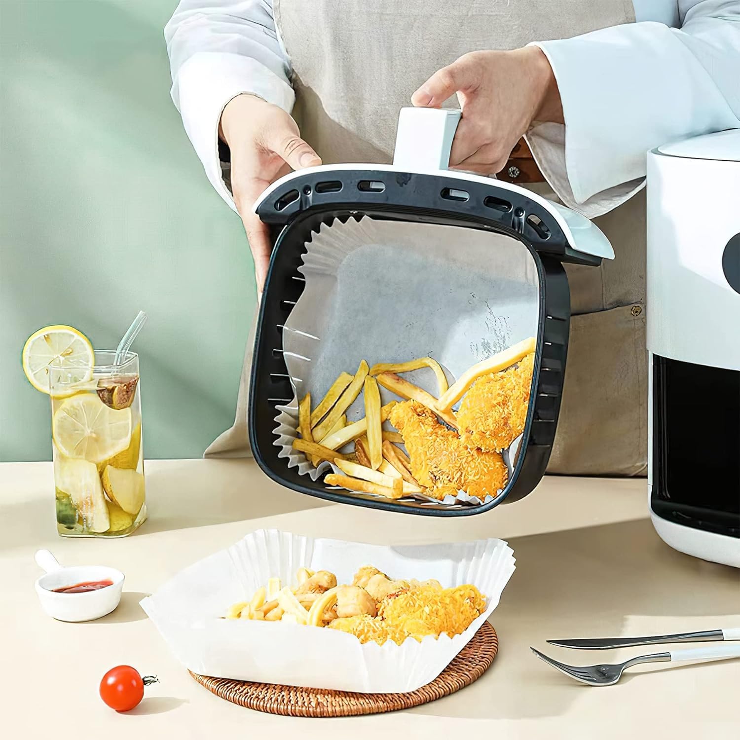 Orret Home Airfryer Pişirme Kağıdı, Fritöz Yağlı Kağıdı, Yanmaz Kağıt 100 Adet Sıcak Hava Fritözleri İçin Yağlı Kağıt,Yağa Ve Suya Dayanıklı Pişirme Kağıdı (100 Adet)