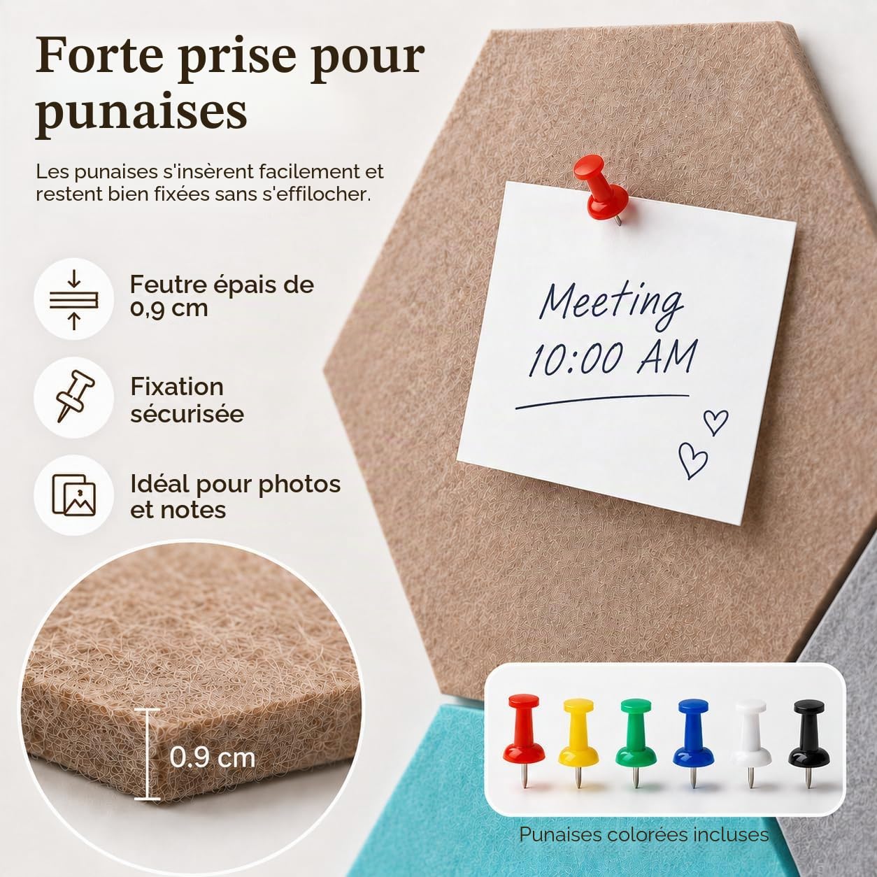 10PCS Panneau Liège Mural Hexagonal, Tableau en Liège avec 20 Épingles, DIY Plaque de Liège Colorée pour Maison Bureau (20x17cm)