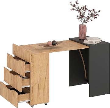 Komto Foldable Computer Desk with Drawers   Anthrazit/Golden Craft Oak Desk with Storage for Small Spaces, Folding Study Table for Home Office | FOLDY2 128 x 60 x 75 cm