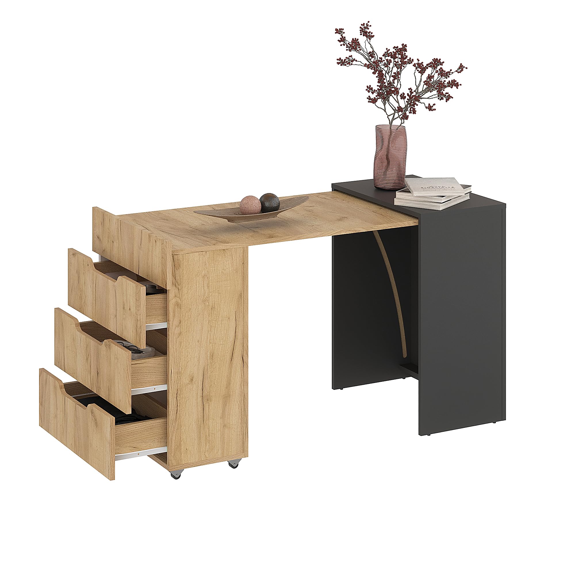 Komto Foldable Computer Desk with Drawers – Anthrazit/Golden Craft Oak Desk with Storage for Small Spaces, Folding Study Table for Home Office | FOLDY2 128 x 60 x 75 cm