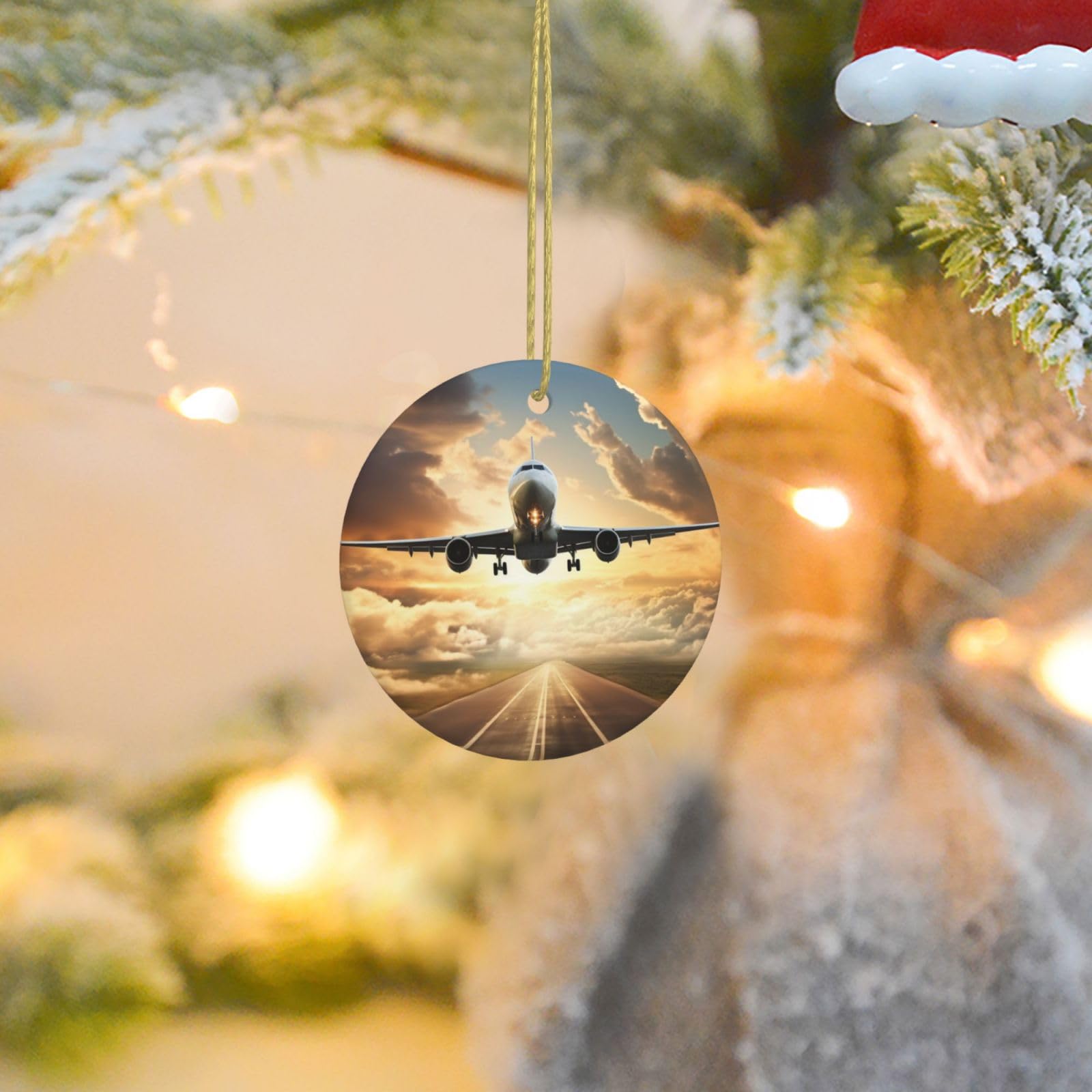 Christmas Ornaments for Christmas Tree Decoration Ceramic Hanging Airplane Ornament with Gold Ribbon Crafts Round Pendant for Keepsake Gifts Glass Xmas Decor Party Supplies