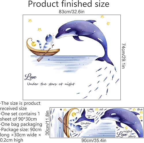 Miniatura 6 de Calcomanías de pared con diseño de delfín y gatito, calcomanías de pared de animales marinos morados, extraíbles para niños, bebés, guardería, sala