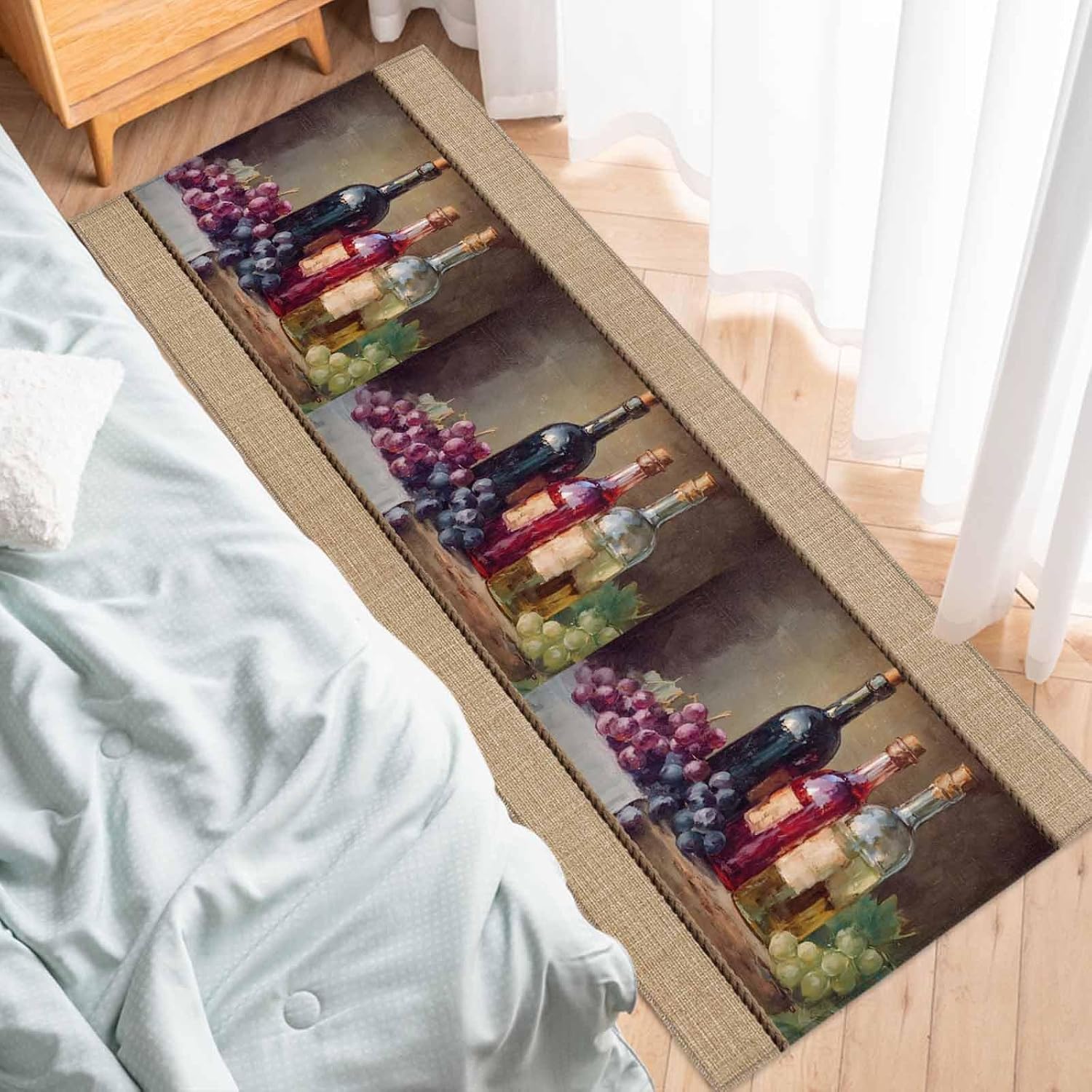 Teamery Kitchen Mats for Floor Pastoral Grape Leaves Wine Washable Non Slip Kitchen Rugs 1PCS, Country Plank Retro Linen Absorbent Standing Mats for Sink Bathroom Office Living Room 23.6x70.9in