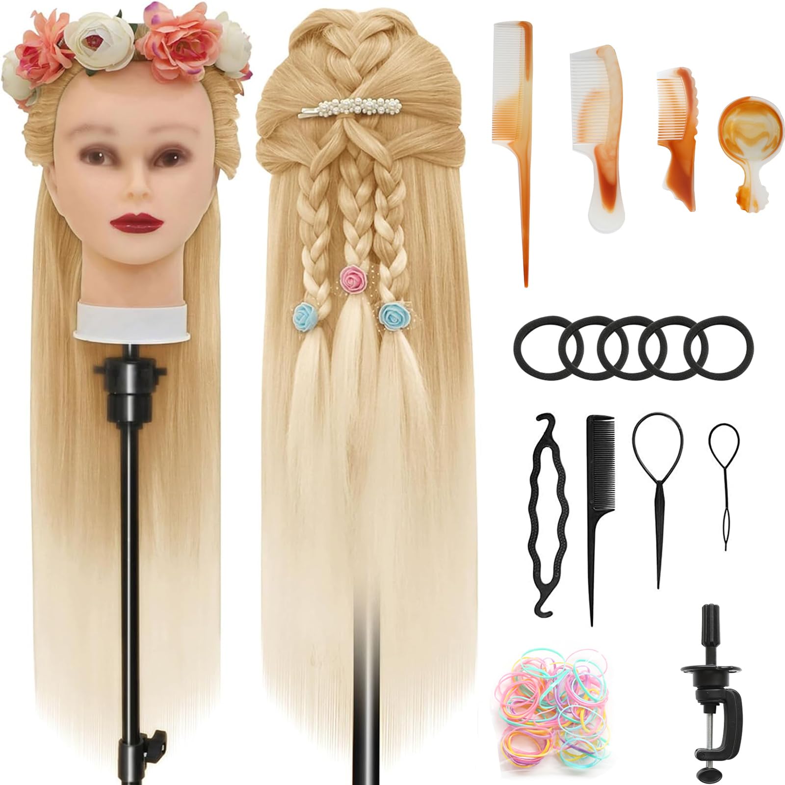 Cabeza Peluqueria, 28inch Cabeza maniquí Cabezal de peluquería de Fibra 100% sintética con Soporte + Accesorios de Peinado DIY (27-613)