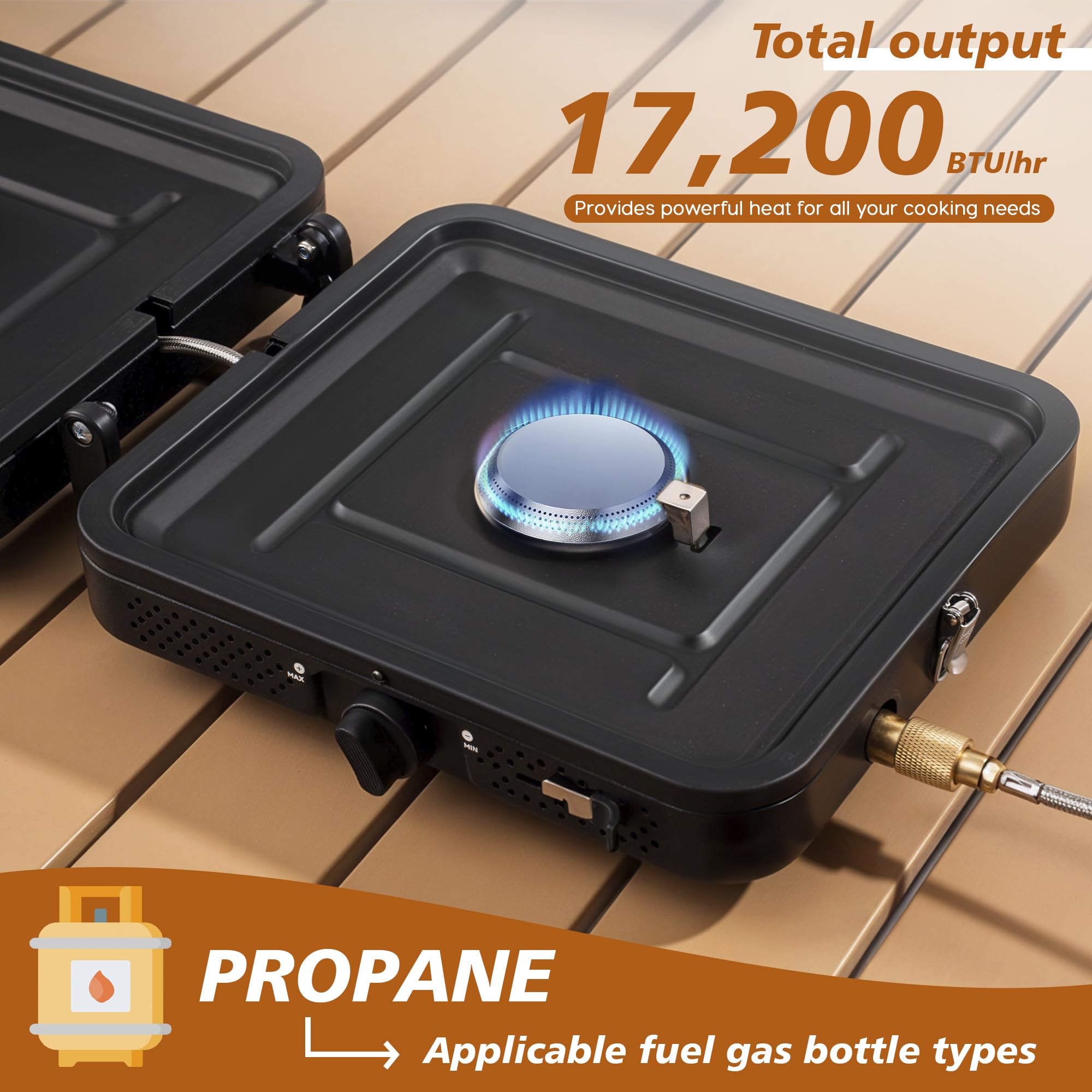 KRYPTEUM 2 Burner Propane Camping Stove with Carrying Bag, Foldable Camping Stove Propane with Grill, Portable Folding Gas Stove with 17,200 BTU Adjustable Burners, Backpacking Camp Stove for BBQ