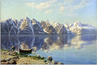 Tile Mural Landscape Svalbard Norway Mountains Lake Boat by Ivan Choultse Kitchen Bathroom Shower Wall Backsplash Splashback 3x2 4" Marble, Matte