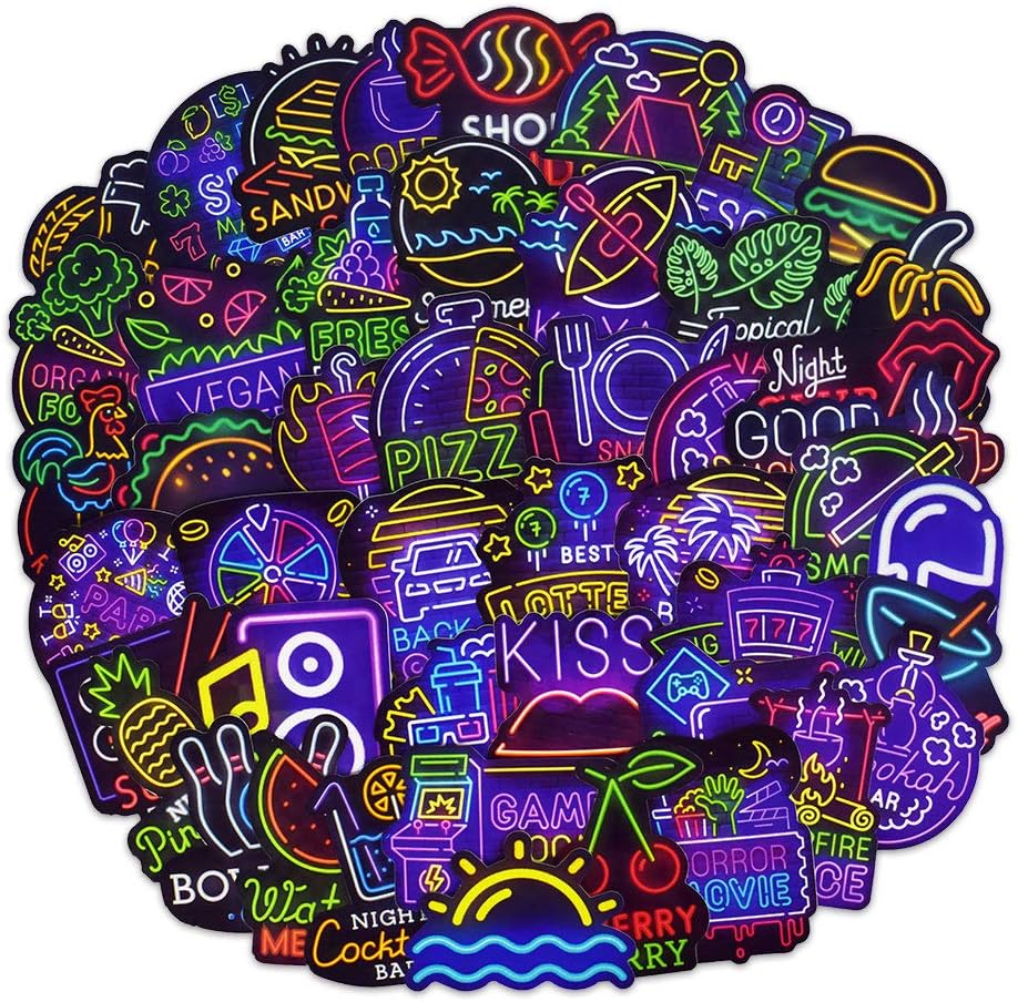 Laptop Stickers, Water Bottle Stickers for Hydro Flask Laptop Water Bottles Car Bumper Skateboard Guitar Bike Luggage Waterproof Vinyl Decals Cool Graffiti Stickers Pack (50 Pcs Neon Stickers)