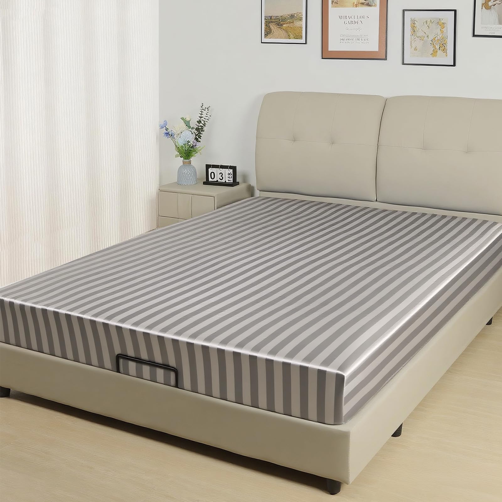 Lirex Satin Fitted Sheet, Silky & Soft Polyester Satin Weave Bed Sheets, 36 cm Deep Pocket with Elastic Corner Straps, Super King, Light Grey Stripes โ image 1