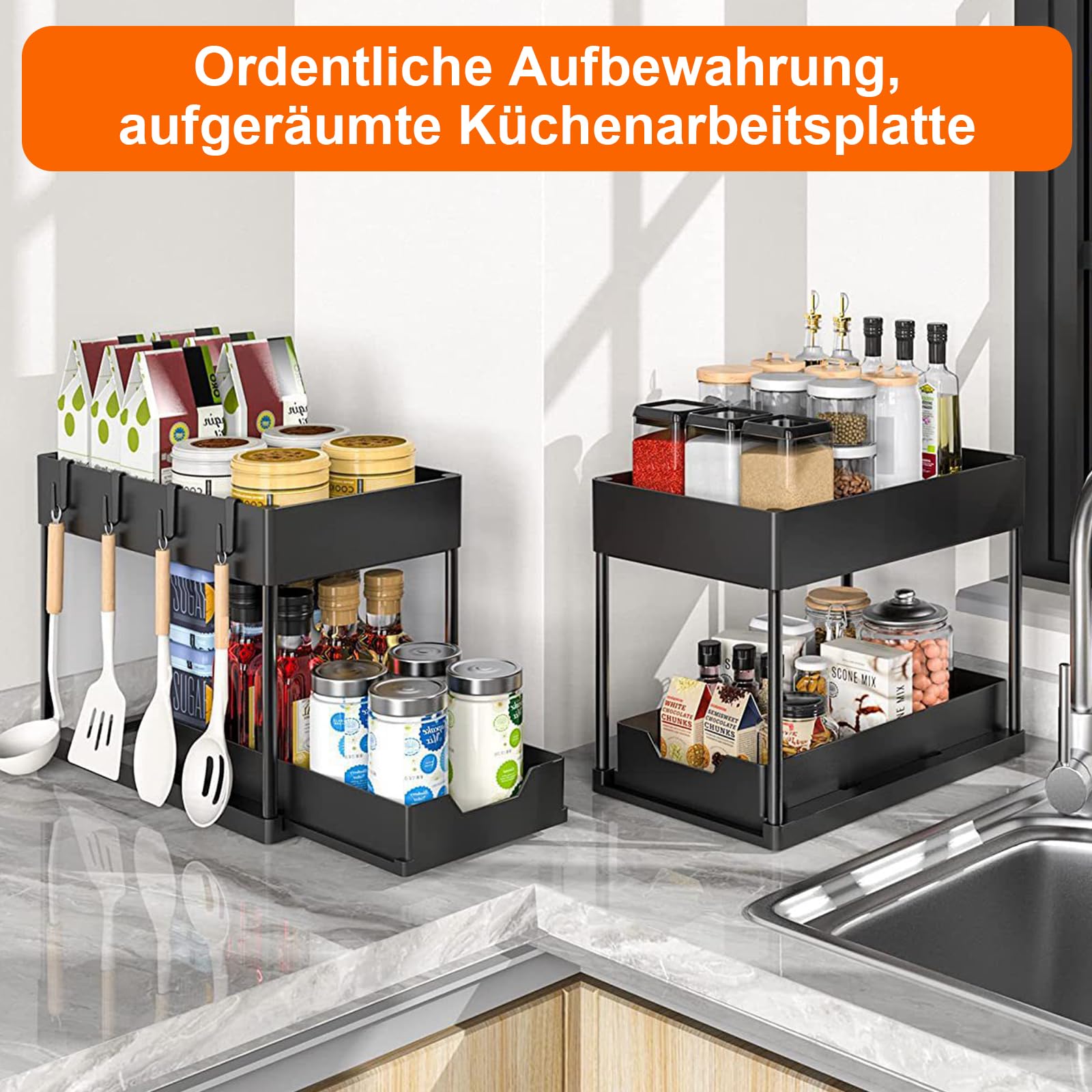 Unter Waschbecken Regal, 2 Etagen Standregal, Küchen Organizer Mit Schiebeschublade, 2 Set Spülschrank Organizer, Mit 8 Haken und 2 Tasse, Mehrfunktional Küchenregal Gewürzregal (Schwarz)