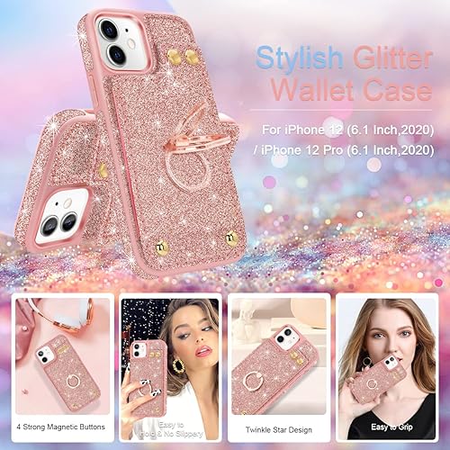 Miniatura 6 de Fingic Funda para iPhone 14, iPhone 13 con soporte de anillo de 360, con 1 protector de pantalla, 5 tarjeteros, con purpurina brillante y bloqueo