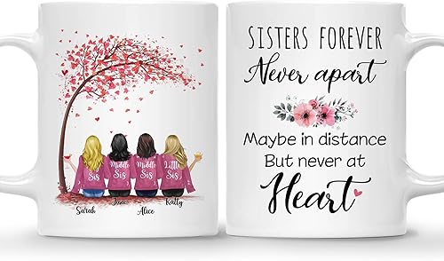 Gossby Taza personalizada para hermana SISTERS FOREVER NEVER APART (4 hermanas) Taza personalizada de 11 onzas, 15 onzas para hermana con
