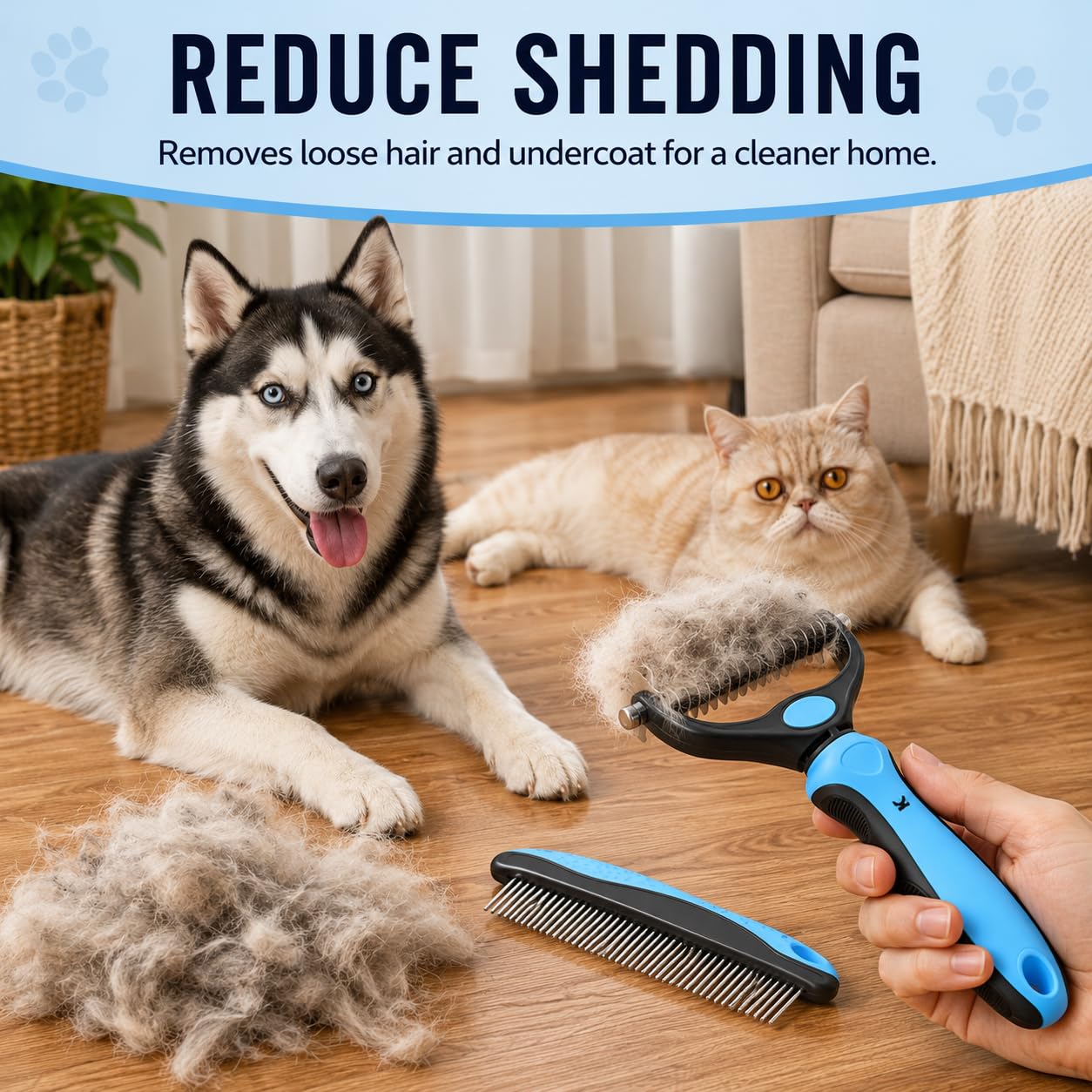 2 Pack Pet Deshedding Brush & Metal Comb, Detangling & Dematting Tool for Long Matted Fur on Cats and Dogs (Blue)