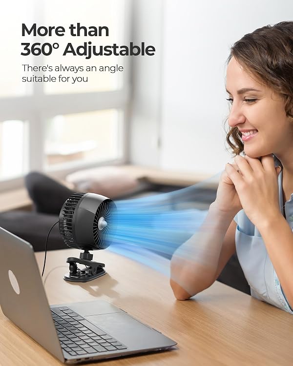 Koonie USB Clip on Fan, Strong Wind Ultra Quiet Small Desk Fan with Strong Clamp, More Than 360° Adjustable, 3 Speeds USB-C Corded Powered, Mini Personal Fan for Home Office Desktop Black by Koonie - Image 5