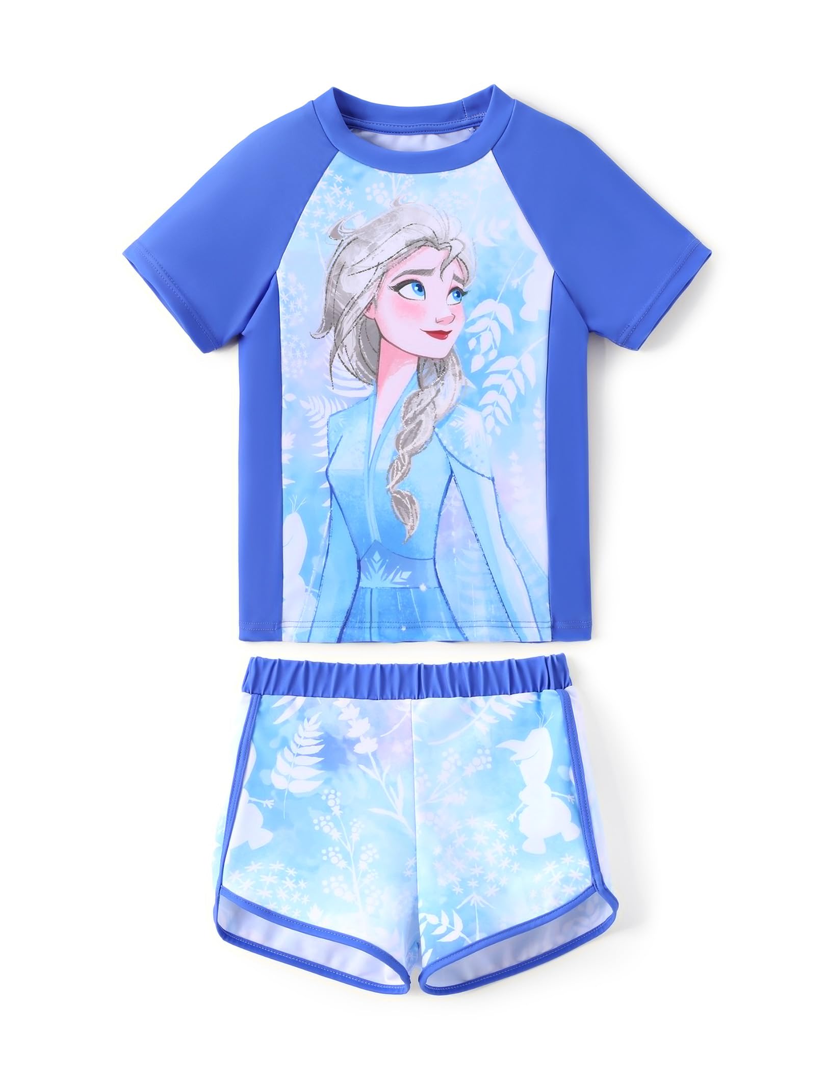 Disney Frozen Elsa Princess Girls Two Piece UPF 50+ Protection Quick-Dry Short Sleeve Swim Sets Rashguard Bathing Suit
