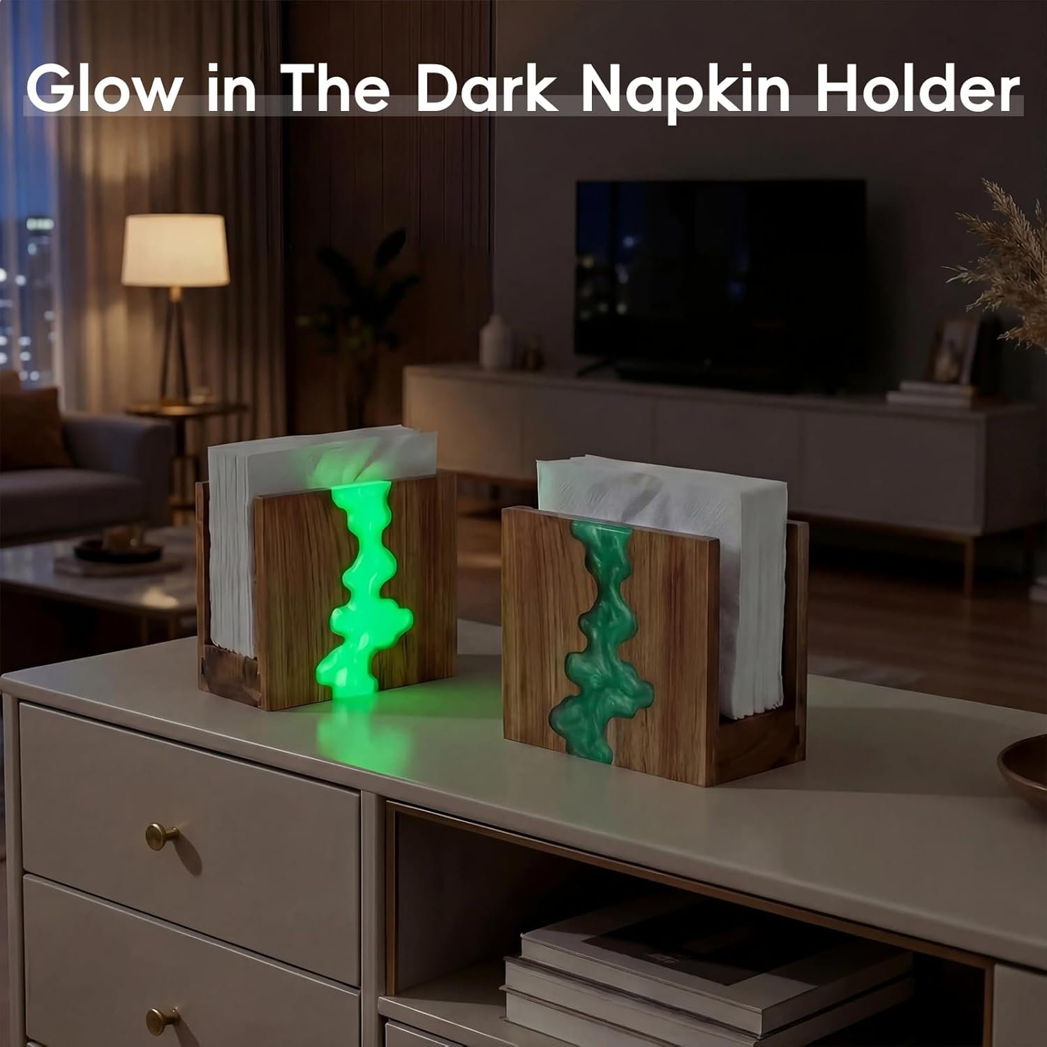 Glow in The Dark Napkin Holder, Acacia Wood & Fluorescent Green Epoxy Resin Tissue Box Holder, Auto-Luminous Night Light for Kitchen Countertop, Unique Bedroom Bathroom Decor(Luminous Green)