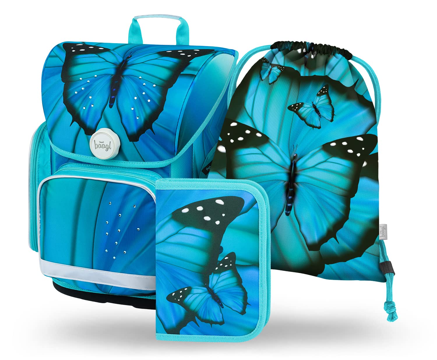 Baagl Juego de 3 mochilas escolares Ergo para 1ª clase, mochila ergonómica para escuela primaria con correa para el pecho, mariposa, Juego de mochila escolar