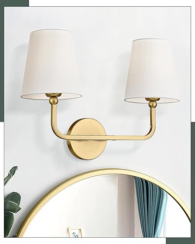 Miniatura 5 de VL837-BG - Lámpara de tocador de baño de 2 luces, aplique de doble pared dorado cepillado con pantalla de tela blanca acampanada, apliques modernos