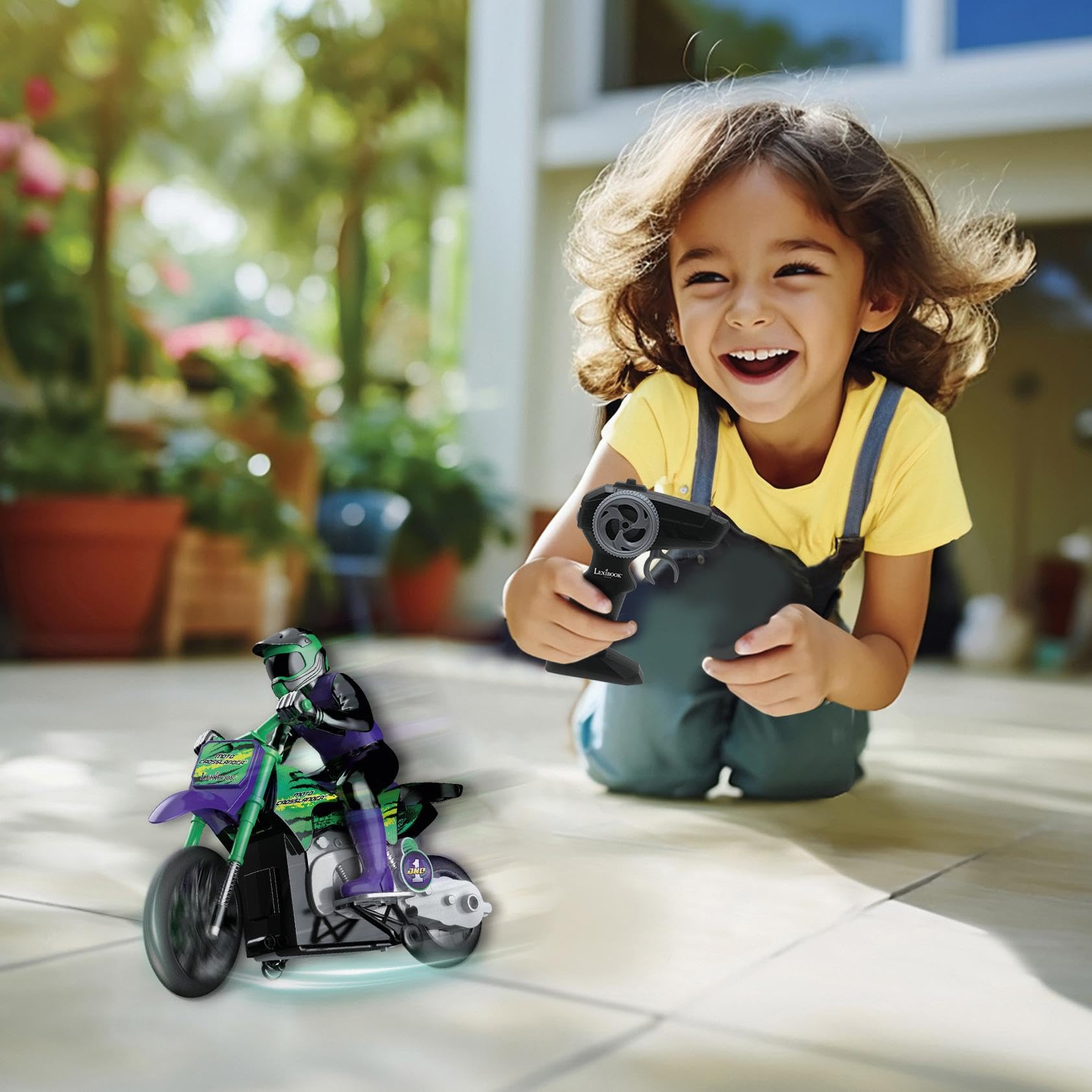 Lexibook, Moto Todoterreno radiocontrolada Crosslander®, hasta 12km/h, Equilibrio, Efectos de luz, derrapes Locos, aceleración rápida, Mando a Distancia ergonómico, Recargable, RC18LXB