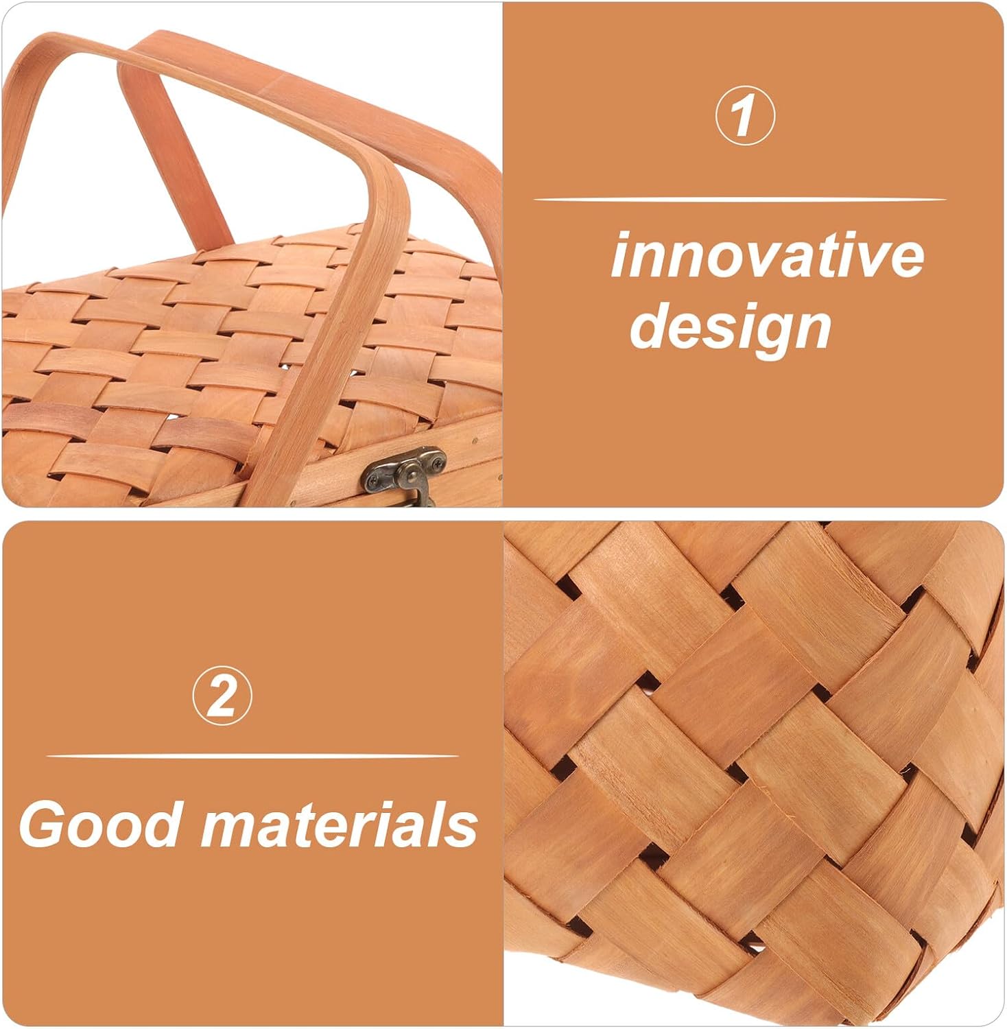 FRCOLOR Wood Woven Fruit Basket with Lid 32x22x18cm Handwoven Multi-Function Snacks Storage Basket for Outdoor Picnic and Home Organization