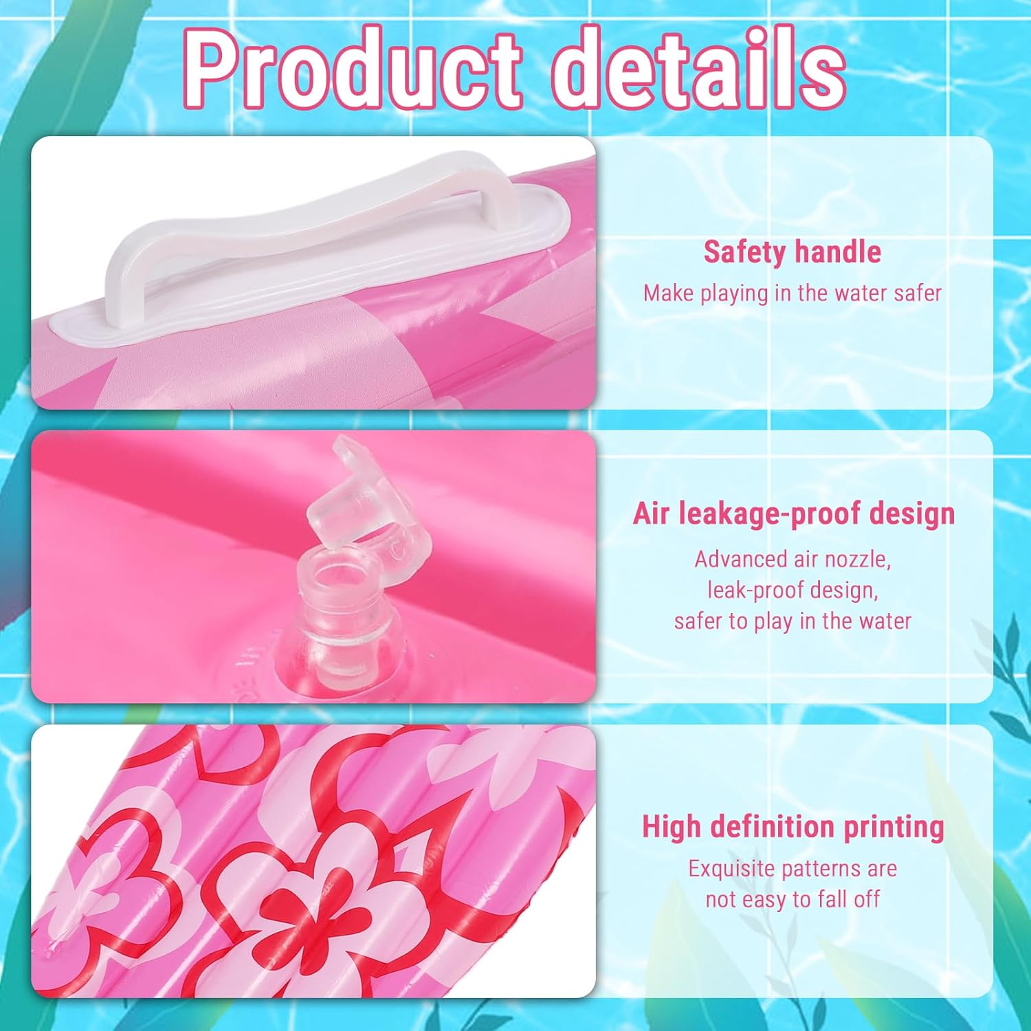 Inflatable Surfboard Raft, 43x16 Portable Pink Flower Pattern PVC Pool Float for for Pool Party Summer Water Fun