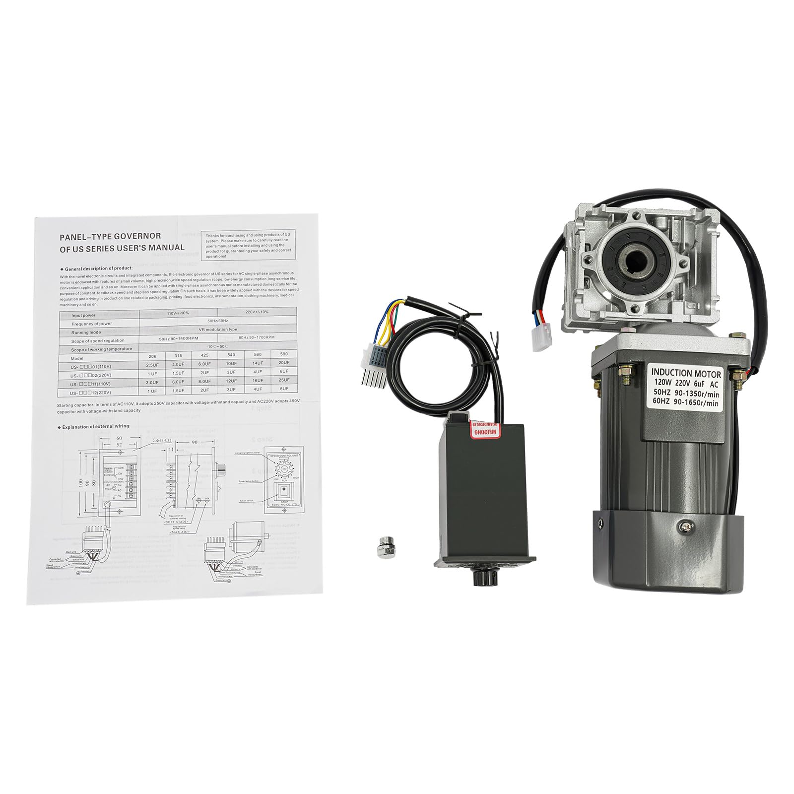 Getriebemotor, 220V Einphasiger Asynchronmotor Mit Drehzahlregler, 120W Umkehrbarer Elektromotor 1350 U/min Leerlaufdrehzahl, 25NM Hohes Drehmoment Für Industrielle Antriebsanwendungen