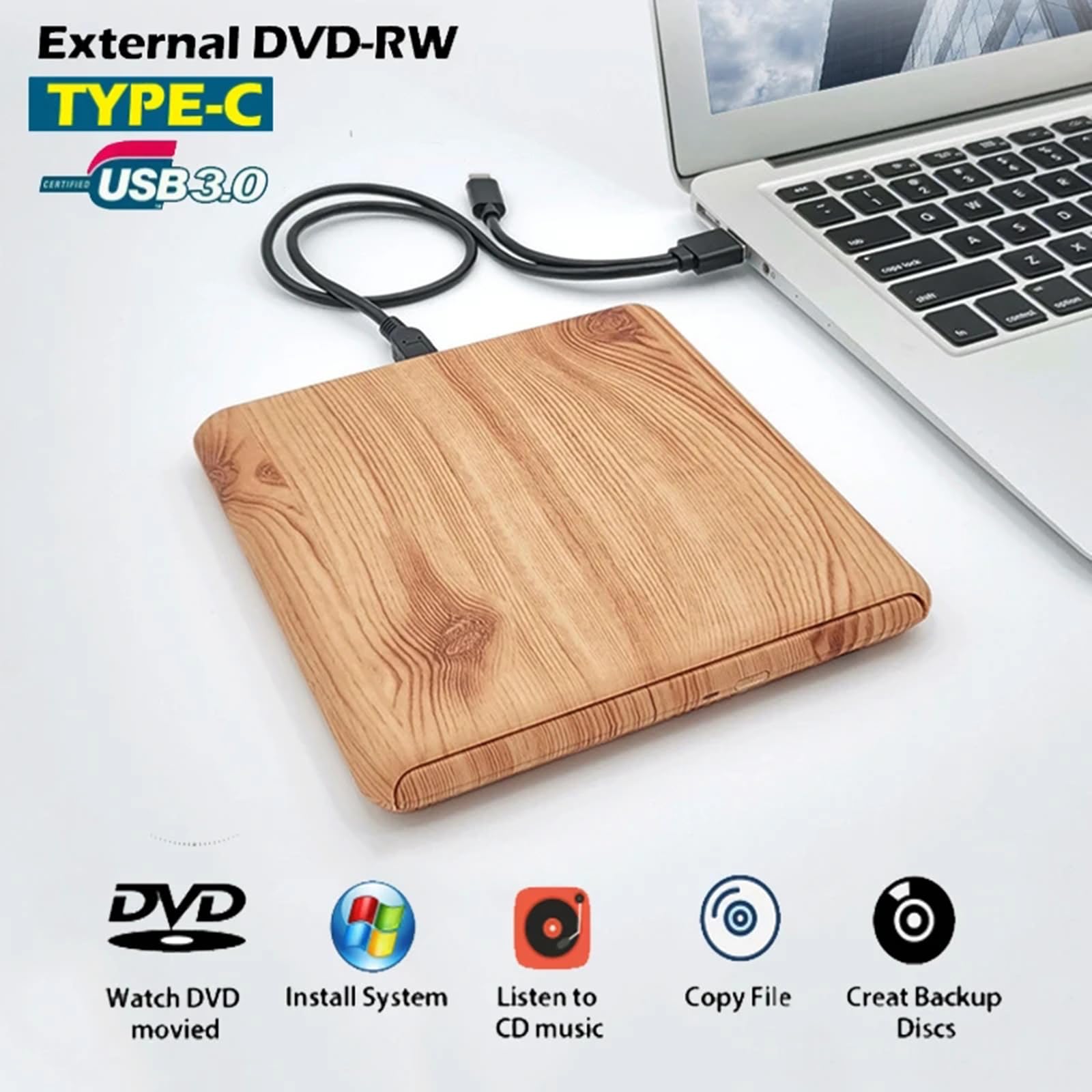 Zewnętrzny napęd CD DVD, przenośna nagrywarka CD/DVD RW ROM USB 3.0 typu C, wąska nagrywarka dysków optycznych Odtwarzacz DVD do laptopa Mac PC Windows 10 Macbook Pro