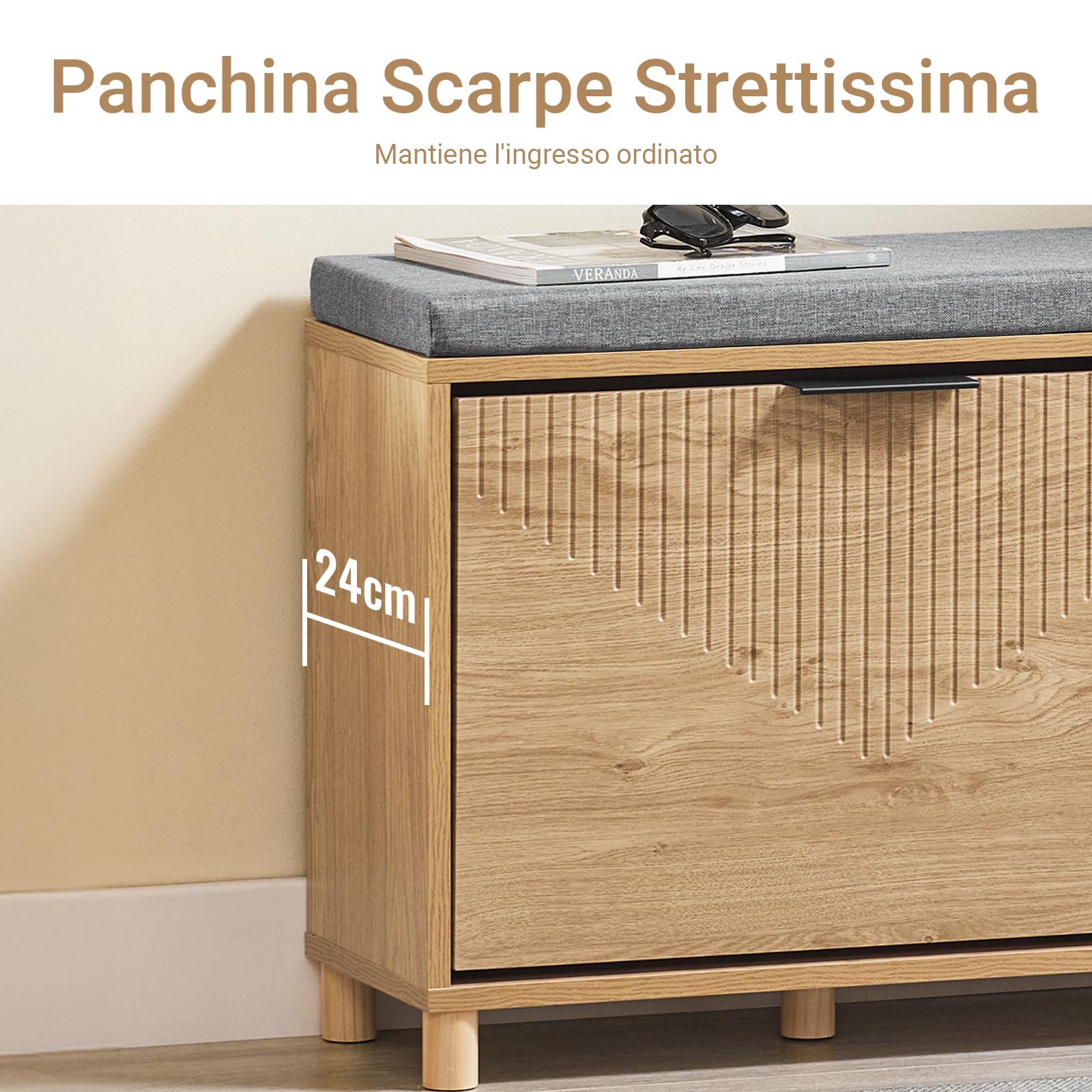 SoBuy Panca Scarpiera con Cuscino e Ribalta 60x24x50cm per Ingresso | Scarpiera contenitore salvaspazio slim, in legno chiaro e grigio, ideale per corridoio FSR199-N