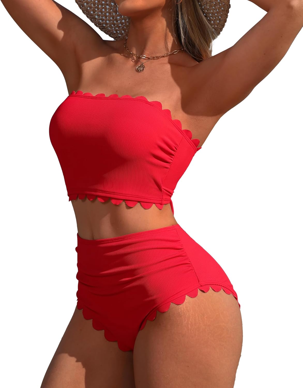 Charmo Strapless High Waisted Bikini Sets for Women Tummy Control Scallop Ribbed Bandeau Swimsuit Lace up Bathing Suits