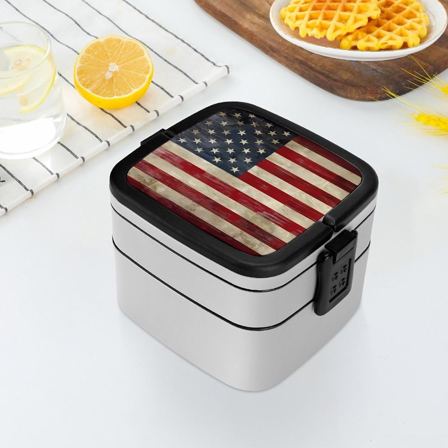 American Flag Bento Box,Stackable Has A Handle Portable Lunch Box Double-layer Durable Leak-proof Lightweight Boxs for Office Camping Travel
