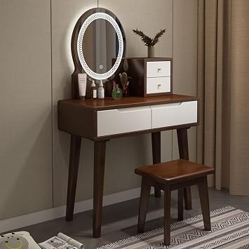 Wooden Vanity Desk with LED Mirror and Chair,Vanity Table Set with Drawers and Storage Shelves,Makeup Table for Gifts,Bedroom and Small SpacesWalnut White
