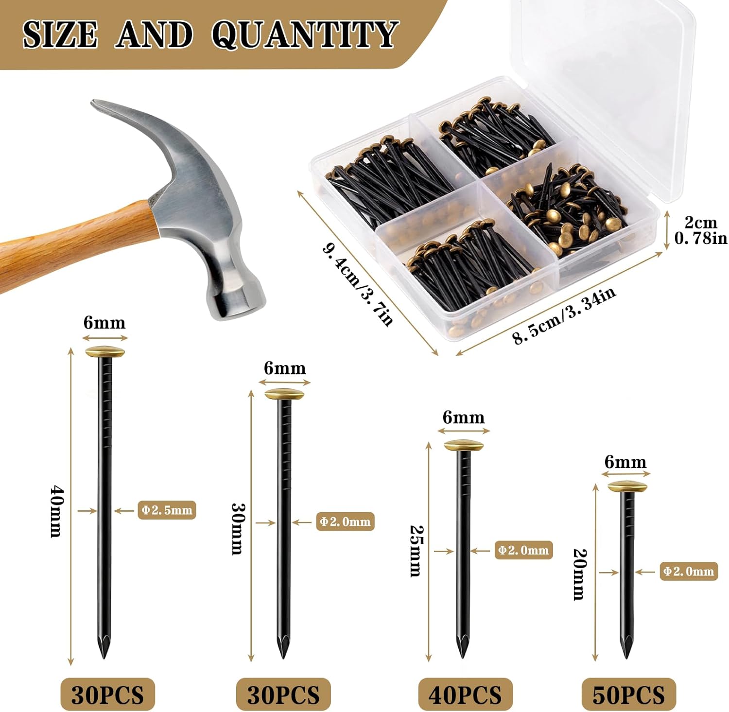 Set of 150 Steel Nails (20/25/30/40 mm) Stainless Steel Nails Picture Nails with Box Nails for Brick Plaster & Wood Stainless Steel Nails No Drilling