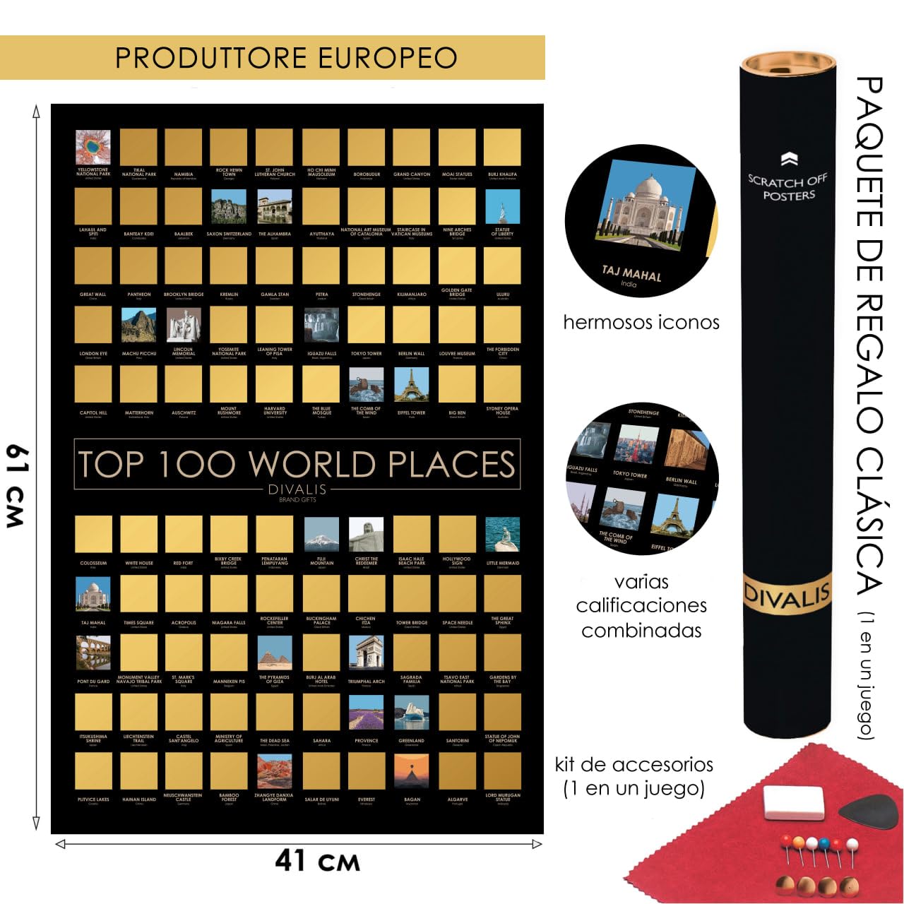 Grande Set de Regalo 2 en 1 - Póster Rascable de los 100 Mejores Lugares Para Visitar y Mapa Mundial Para Rascar - Mejor Mapa de los Lugares Donde he Estado