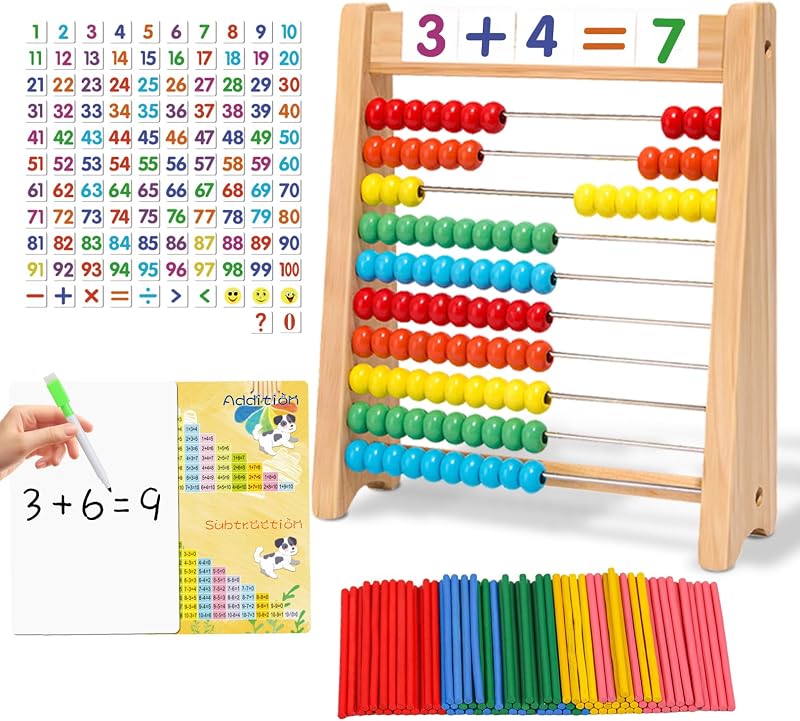 Abacus for Kids Math Wooden Abacus Counting Toy Math Manipulatives | 10-Row Counting Toy with 100 Beads, Number Cards & Counting Sticks Educational Counters for Kids Math